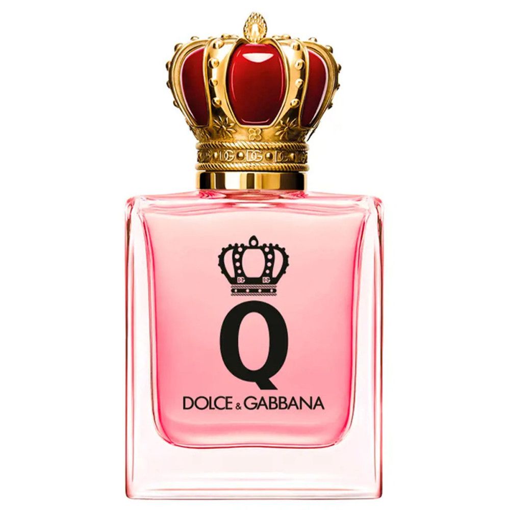 Parfumfles met rode kroon. Opschrift: Dolce & Gabbana, Q. Roze vloeistof.