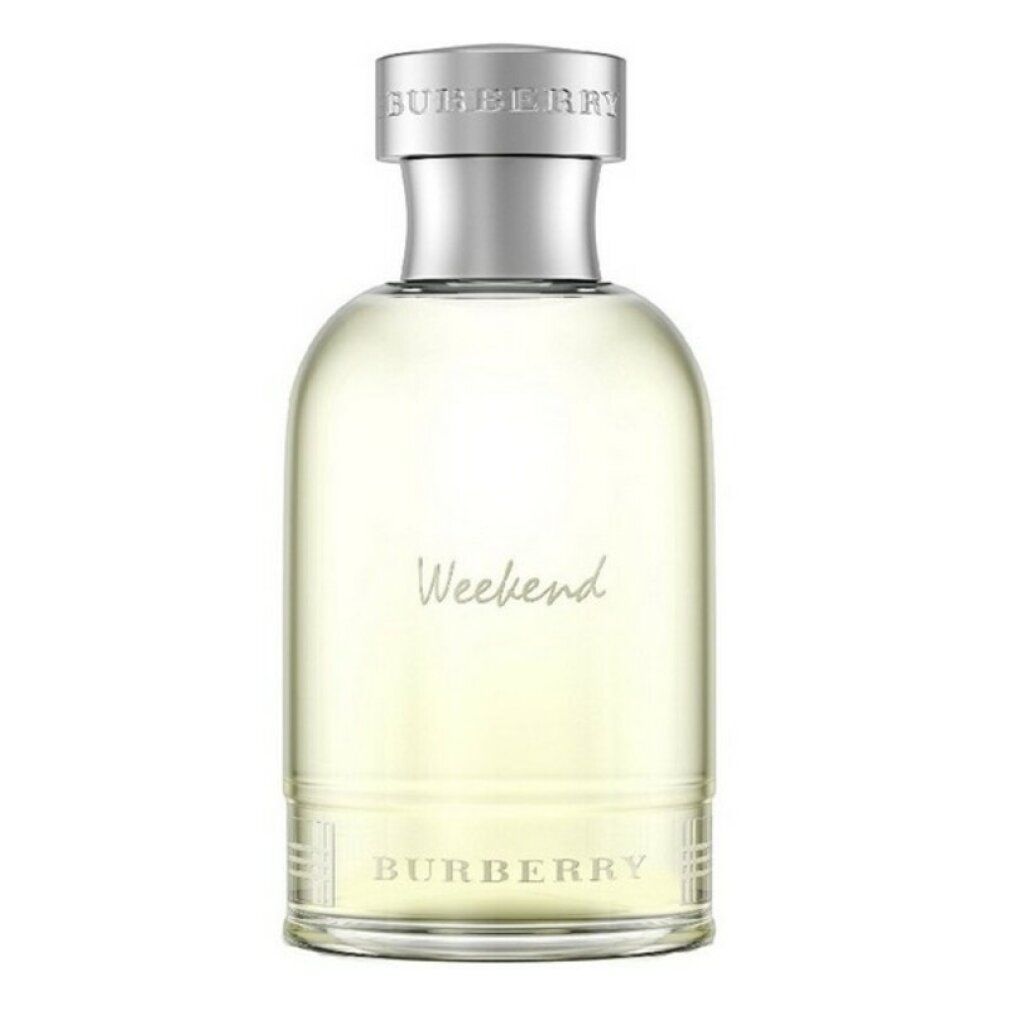 Burberry Weekend Eau de Toilette fles voor mannen. Cilindrische vorm, zilveren dop. Opschrift: Burberry, Weekend.