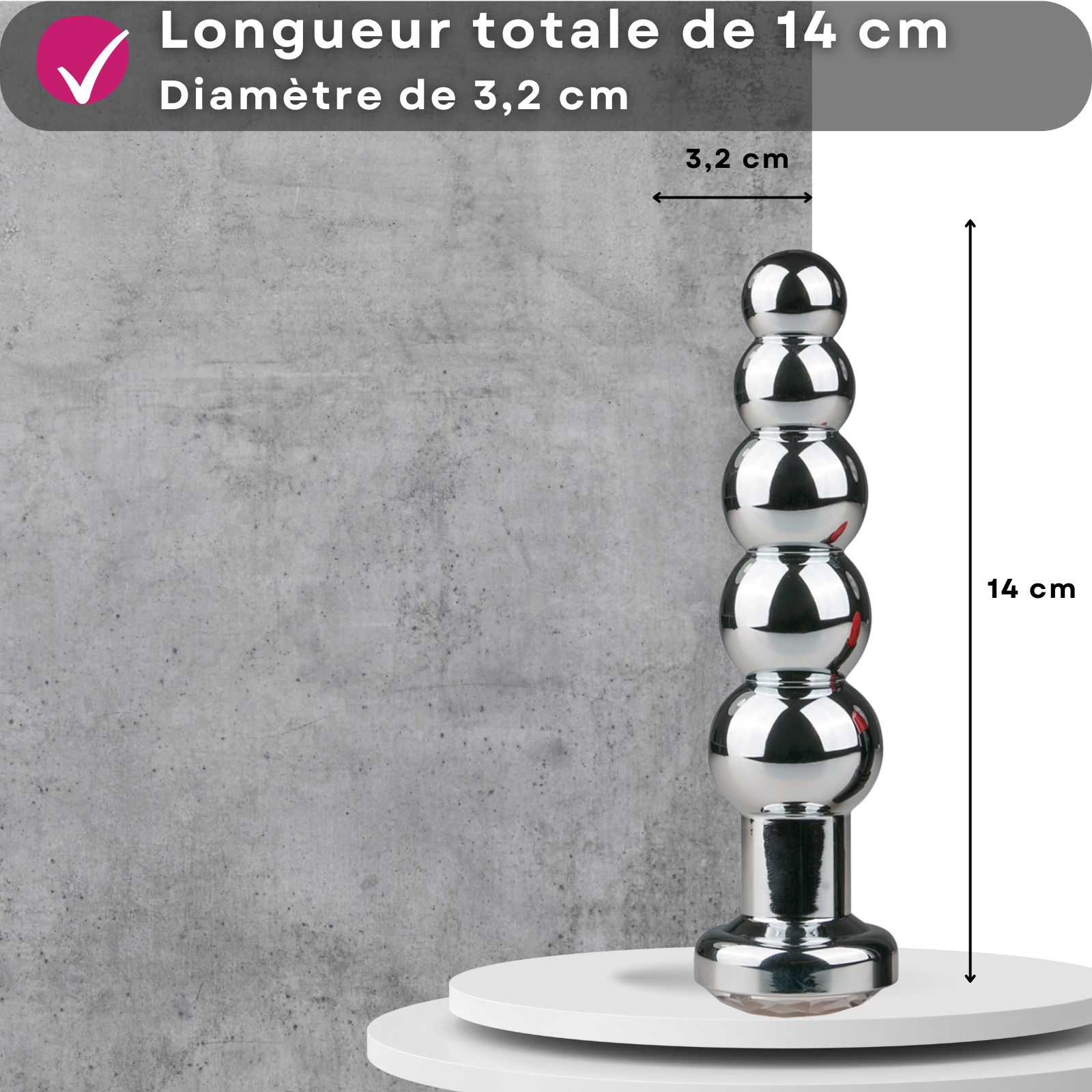 Longueur totale 14 cm, diamètre 3,2 cm. Produit avec 4 billes. Sur socle.