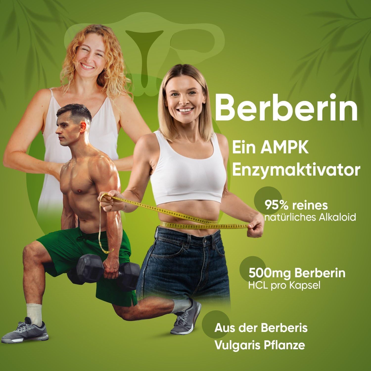Image de produit de berbérine avec personnes et texte. Contient des informations sur les ingrédients et les caractéristiques.