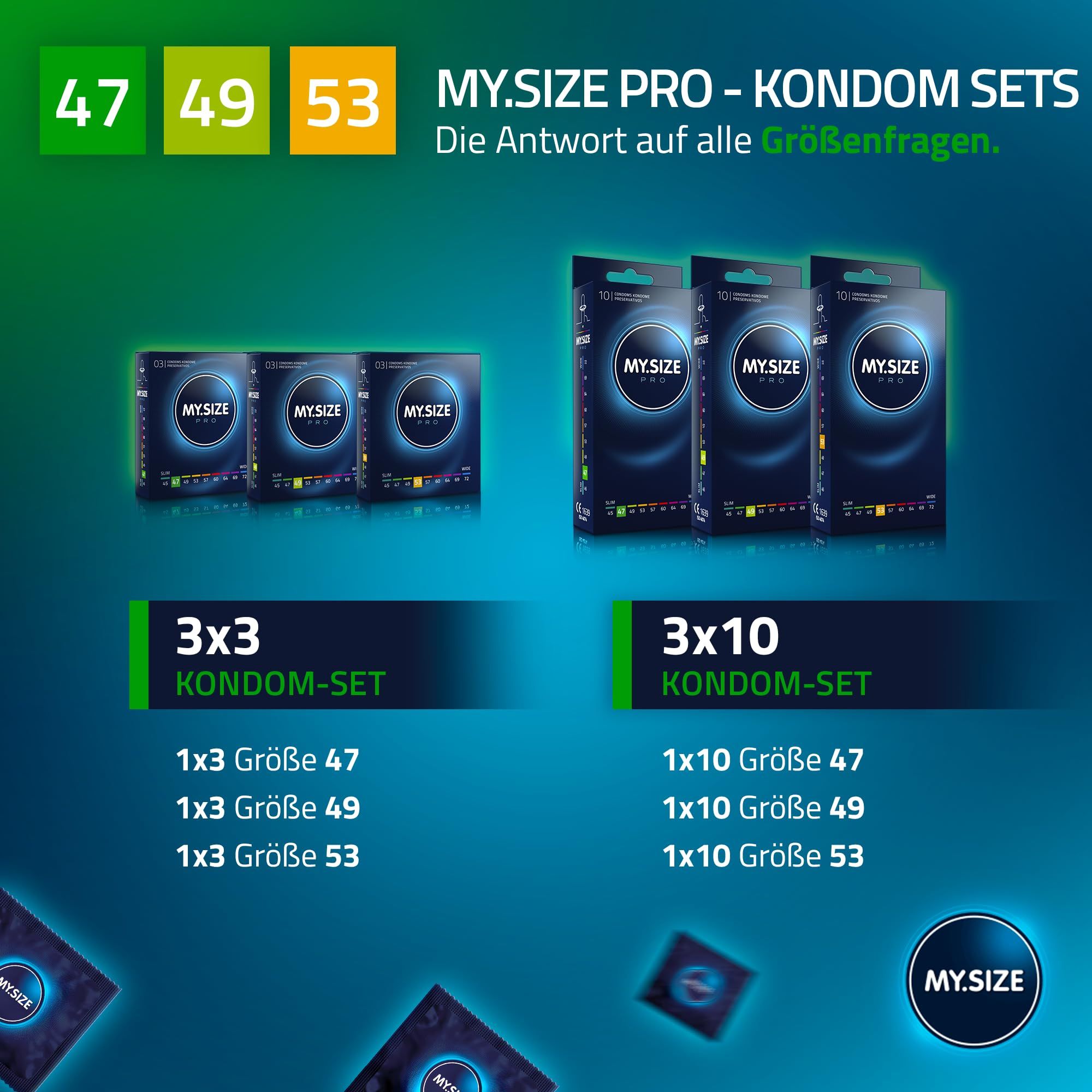 Sets de préservatifs MY.SIZE PRO en paquets 3x3 et 3x10 avec tailles 47, 49, 53 mm.