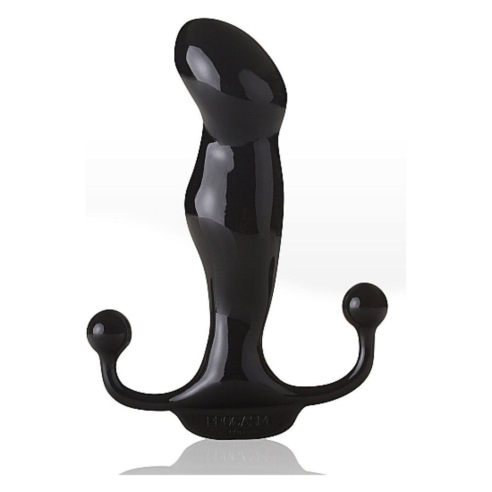Appareil de massage noir brillant avec deux boules et une tête incurvée. Inscription sur la base.