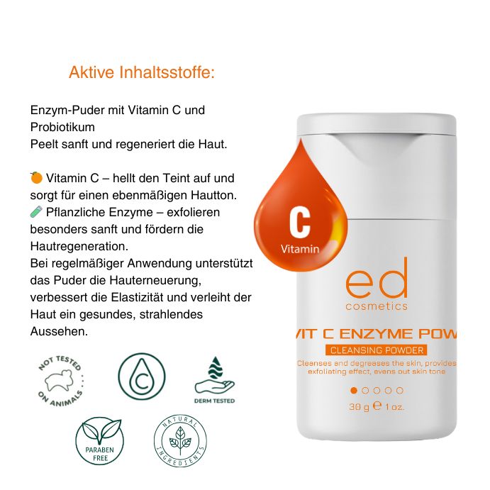 Flacon blanc avec texte et illustrations. Goutte orange avec 'C Vitamine'. Texte: ED COSMETICS, VIT C ENZYME POW, CLEANSING POWDER.