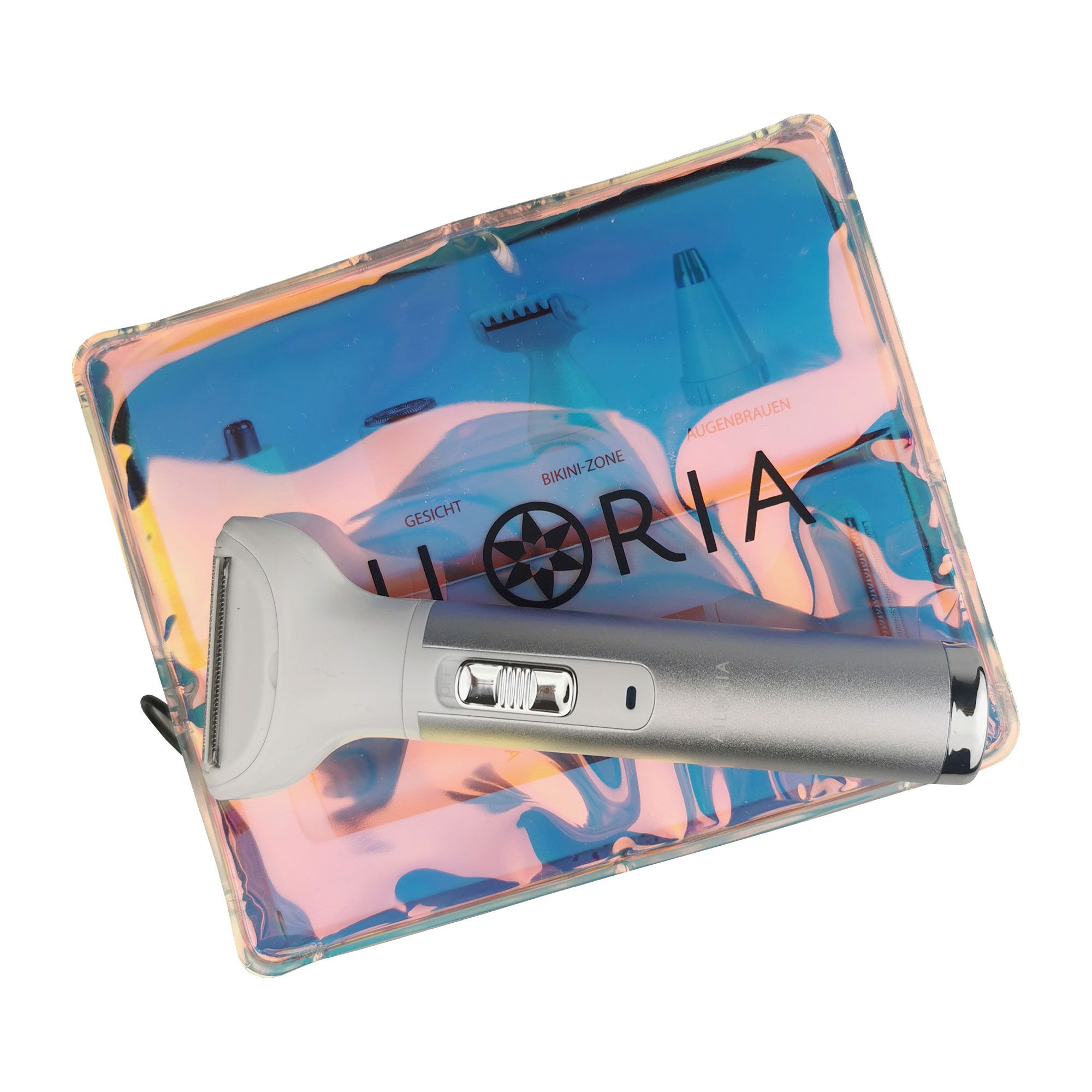 Scheerapparaat in een transparante tas. Op de tas staat: AILORIA. Het scheerapparaat heeft een witte scheerkop en een zilveren schakelaar.