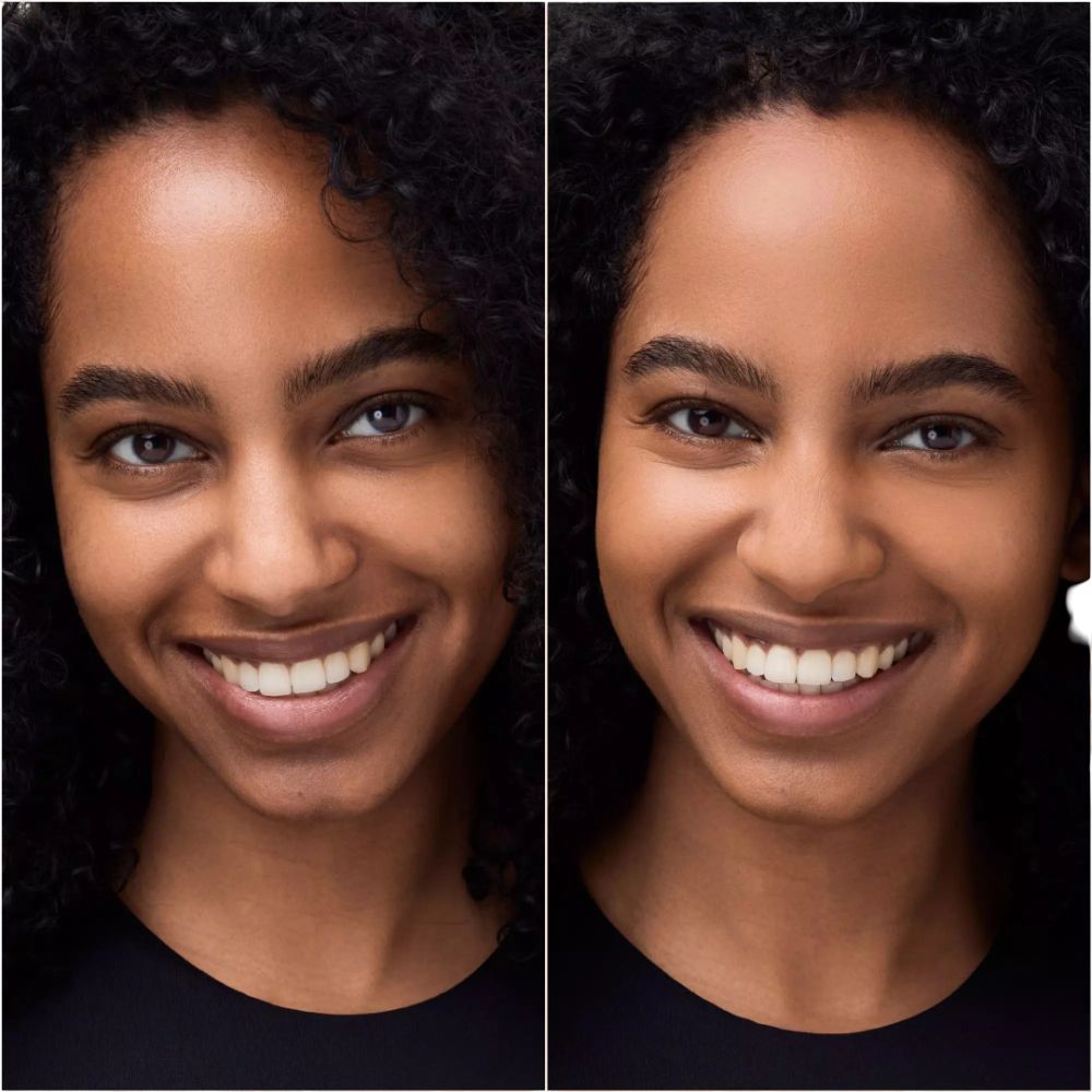 Deux visages de femme. Gauche : non maquillée. Droite : maquillée. Les deux sourient. Haut noir.