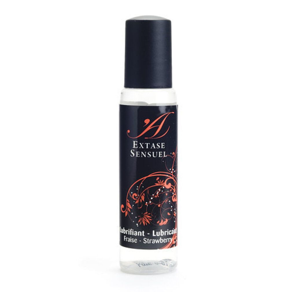 Cilindrische fles met zwarte dop. Opschrift: Extase Sensuel, Lubricant Fraise-Strawberry.