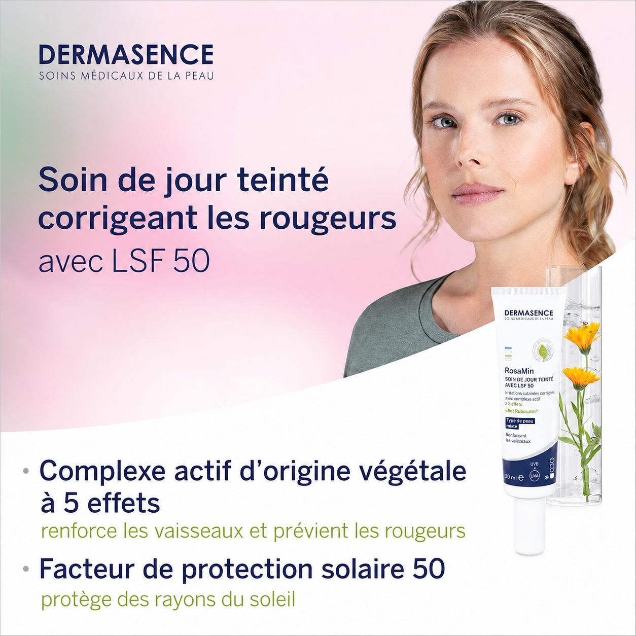 DERMASENS Soin de jour teinté LSF 50 corrige les rougeurs. Complexe actif végétal.