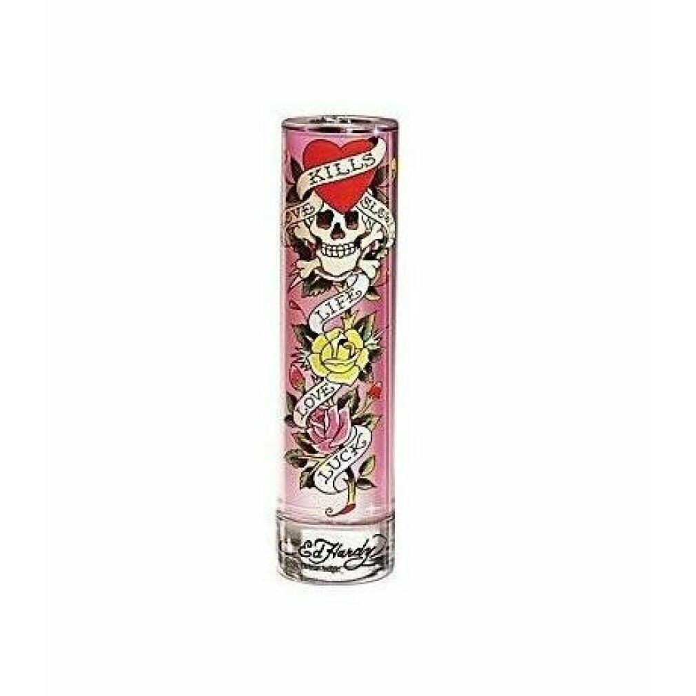 Roze fles met schedel-tattoo-ontwerp, rozen en opschriften. Transparante glazen bodem. Ed Hardy logo onderaan.