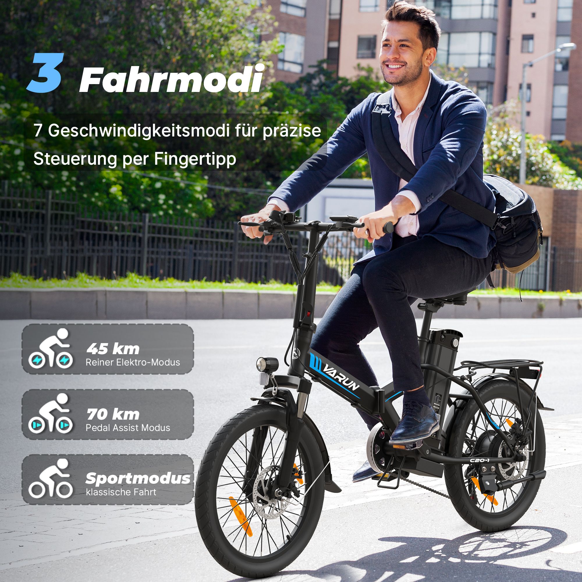 Homme à vélo électrique. 3 modes de conduite, 7 vitesses. Détails: mode électrique 45 km, mode assistance pédale 70 km, mode sport.
