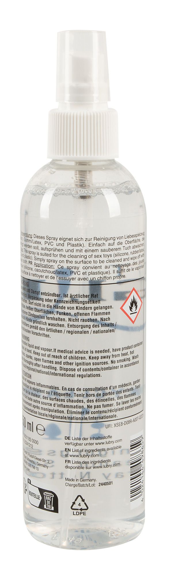 Just Glide Toycleaner fles met waarschuwingen en certificeringen.