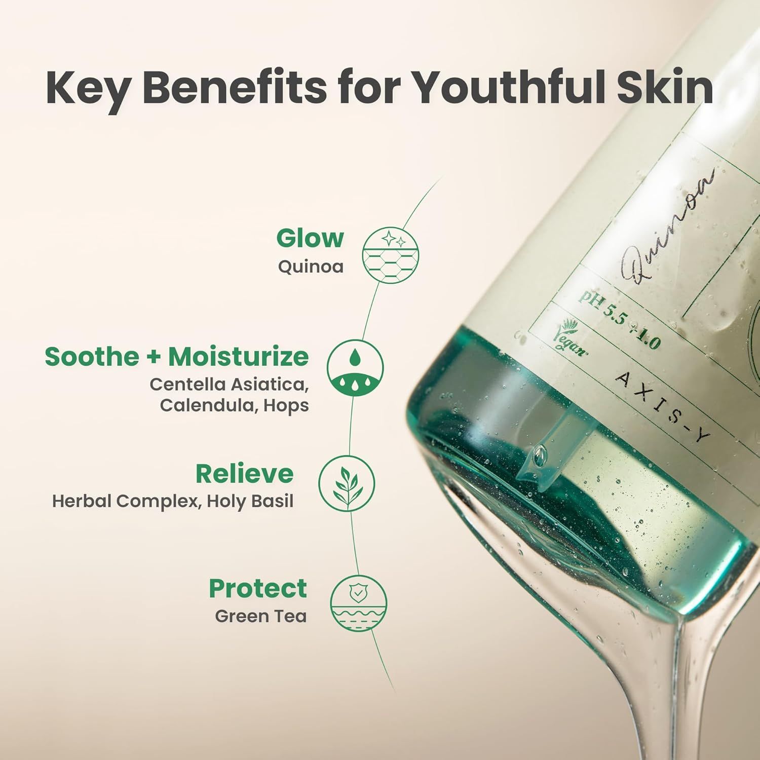 Gros plan sur la bouteille. Texte : AXIS-Y, Quinoa, pH 5.5 ± 1.0. Avantages : Glow, Soothe + Moisturize, Relieve, Protect.