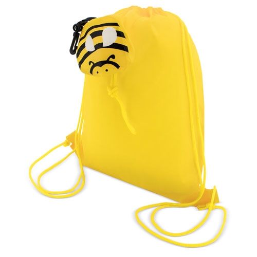Gele gymtas met bijenmotief. Trekkoord, clip. Bijenmotief opgevouwen als zakje, bovenop de tas bevestigd.