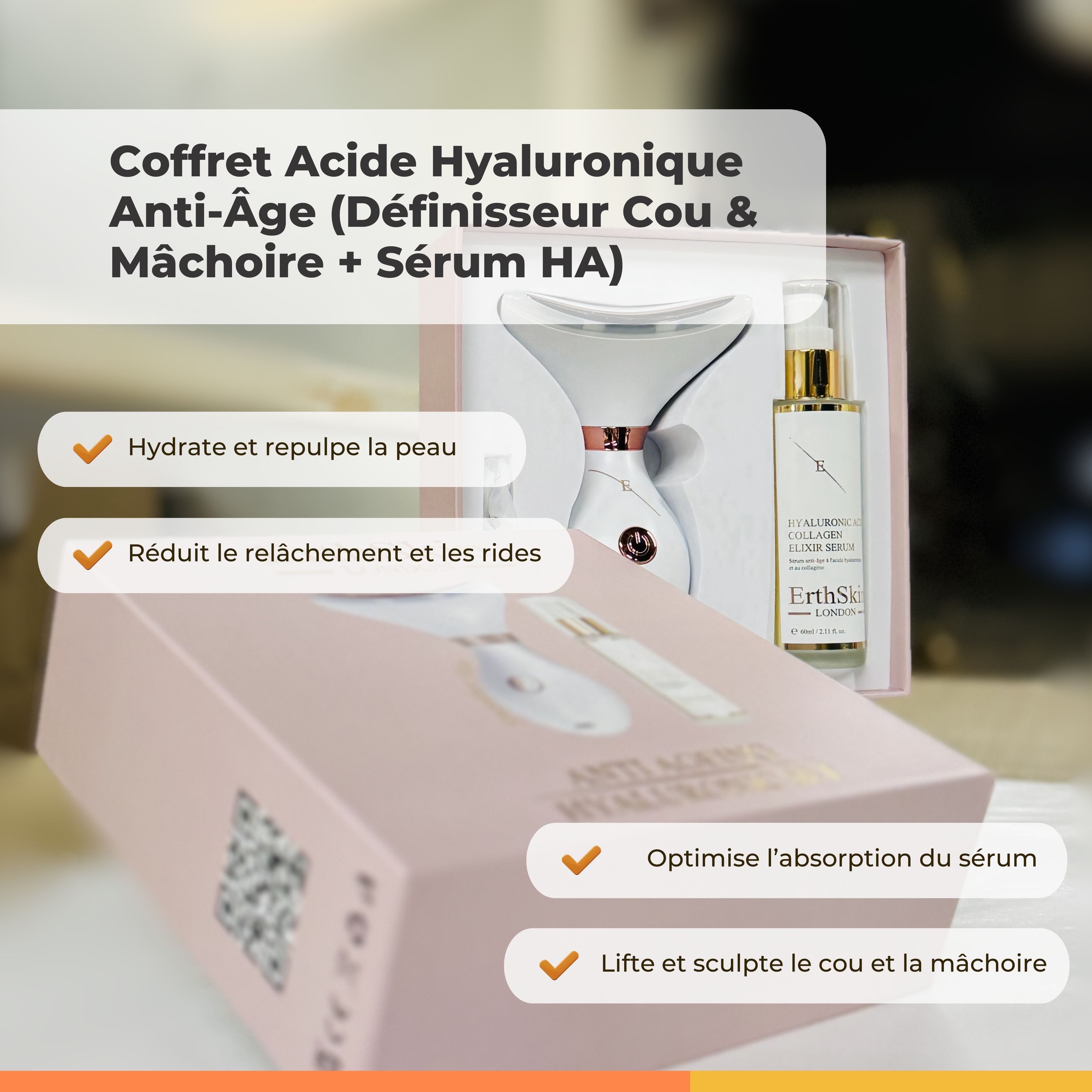 Emballage rose avec appareil et sérum. Texte : Coffret Acide Hyaluronique Anti-Âge. L'appareil a une forme incurvée. Avantages énumérés.