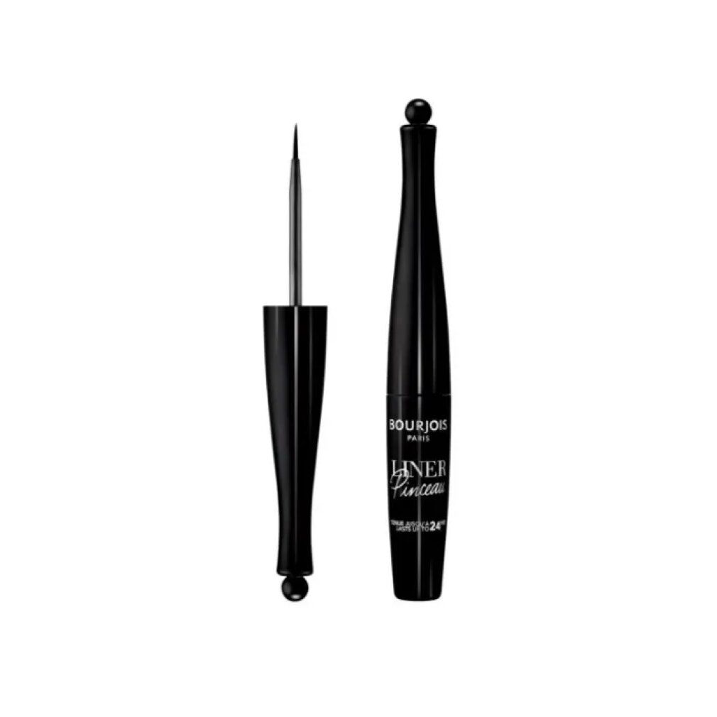 Eyeliner noir avec pinceau. Flacon avec inscription Bourjois Paris Liner Pinceau. Waterproof.