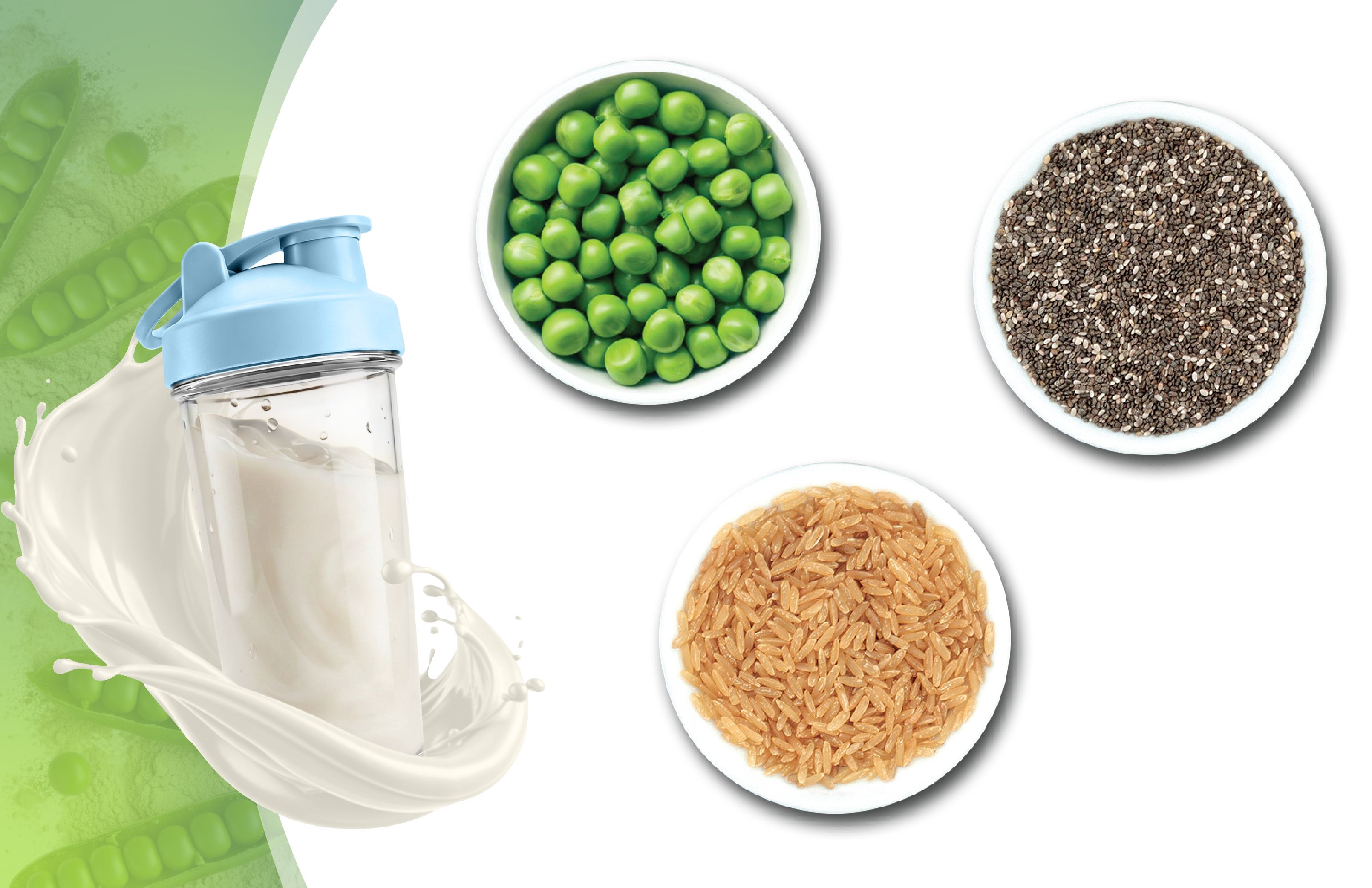 Shaker met eiwitshake, bakjes met erwten, chiazaad en rijst.
