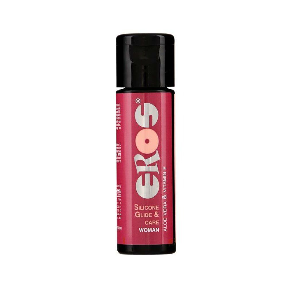 Flacon avec bouchon noir et étiquette rouge. Inscription : EROS, Silicone Glide & Care, Woman. Contient de l'Aloe Vera & de la vitamine E.