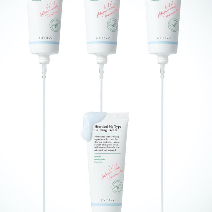 Drie tubes die crème afgeven in een vierde tube. Opschrift Heartleaf My Type Calming Cream.