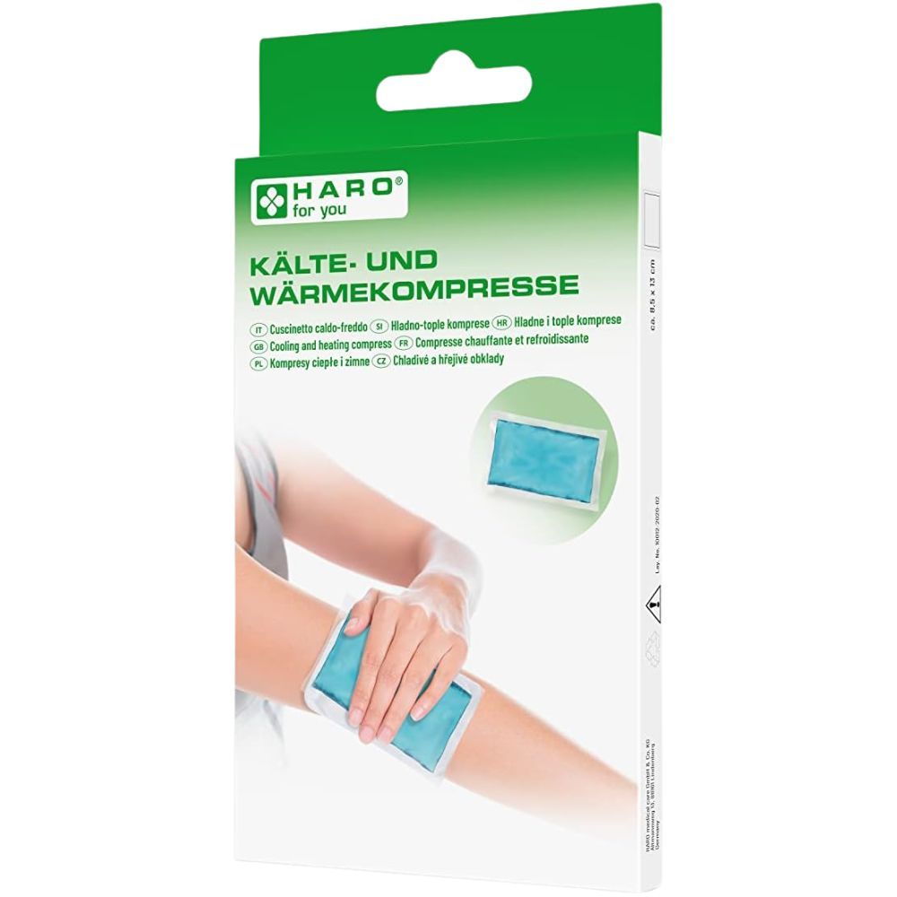 Compresse froide et chaude Haro dans son emballage. Application sur le bras. Emballage avec informations sur le produit.
