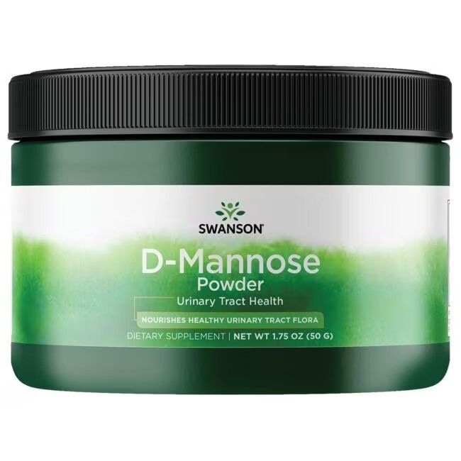 Groene pot met zwarte deksel. Opschrift: SWANSON D-Mannose Powder, Urinary Tract Health. Voedingssupplement.