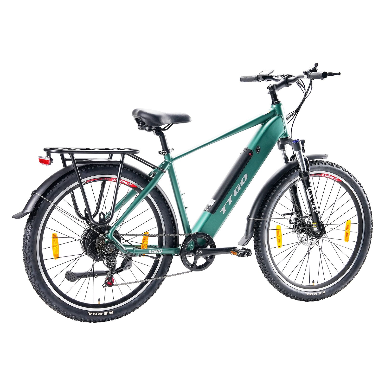 Groene TTGO e-bike met bagagedrager, zwart zadel en banden. Gele reflectoren.