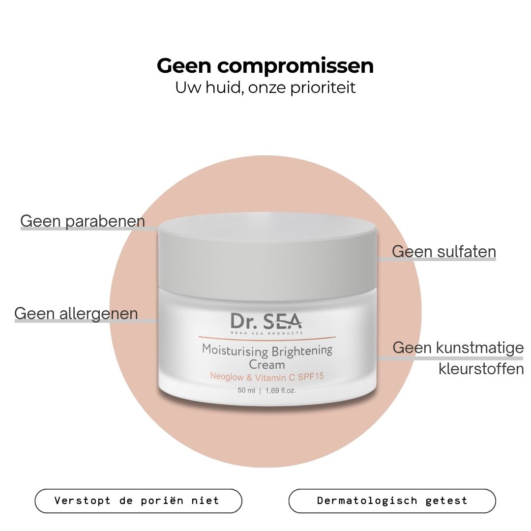 Crèmepot met tekst. Tekst: Geen compromissen. Geen parabenen, sulfaten, allergenen, kleurstoffen.