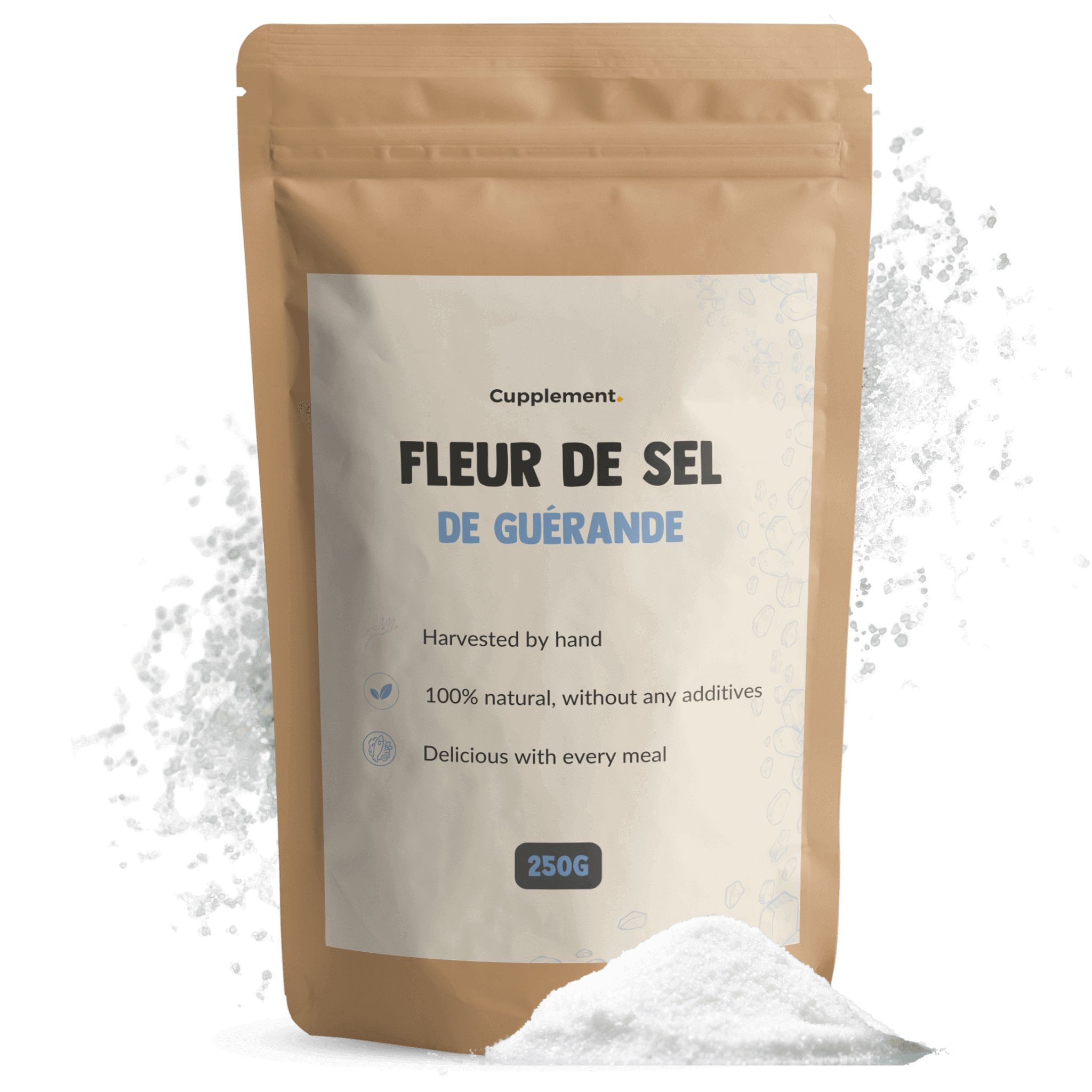 Sachet de Cupplement Fleur de Sel de Guérande. 250g. Sel naturel, sans additifs. Récolté à la main.