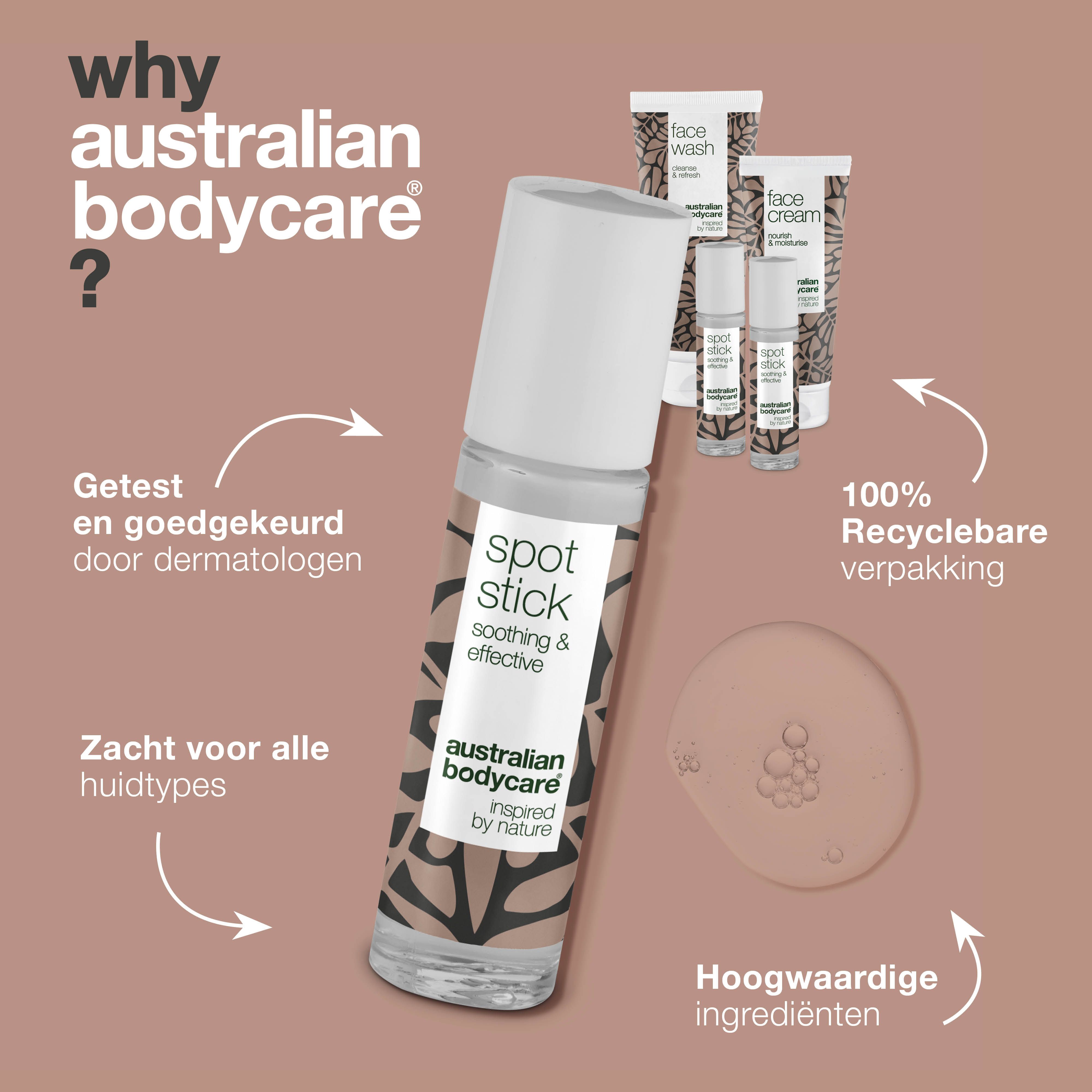 Spot Stick-flesje. Tekst: Waarom Australian Bodycare? Informatie over de ingrediënten.