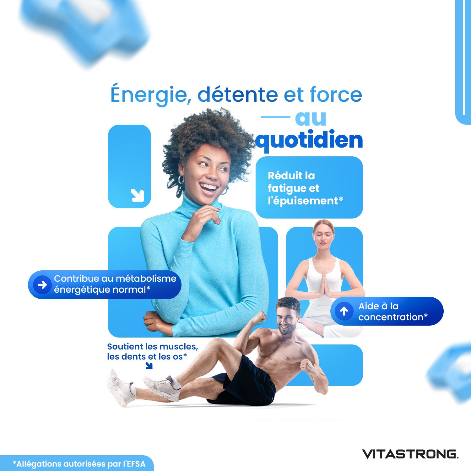 Vrouw met fles. Tekst: Energie, ontspanning en kracht. Draagt bij aan energiemetabolisme, spieren, tanden en botten.