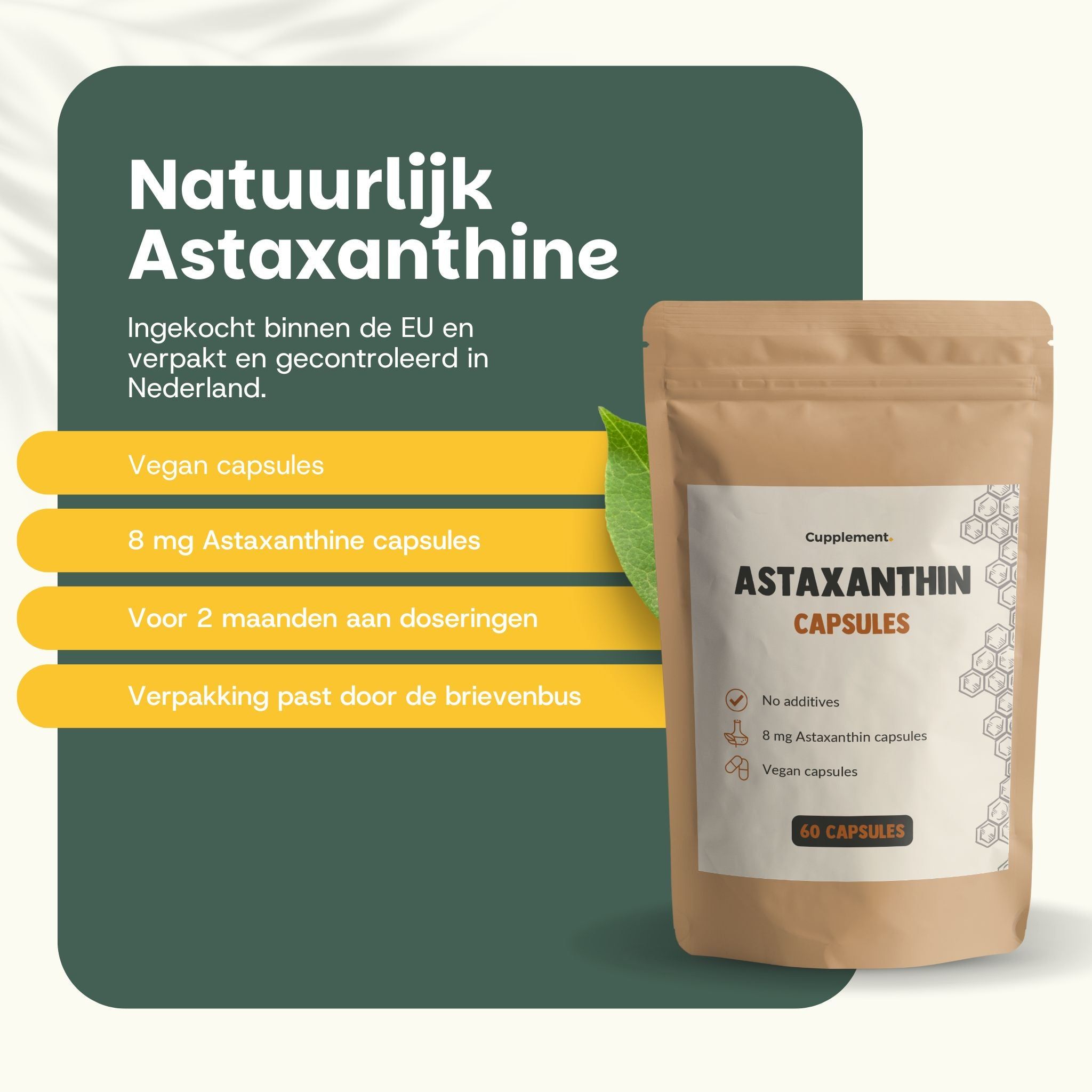 Bruine zak met astaxanthine capsules. Tekst: 'Astaxanthine capsules'. 60 capsules. Veganistisch. 8 mg astaxanthine.