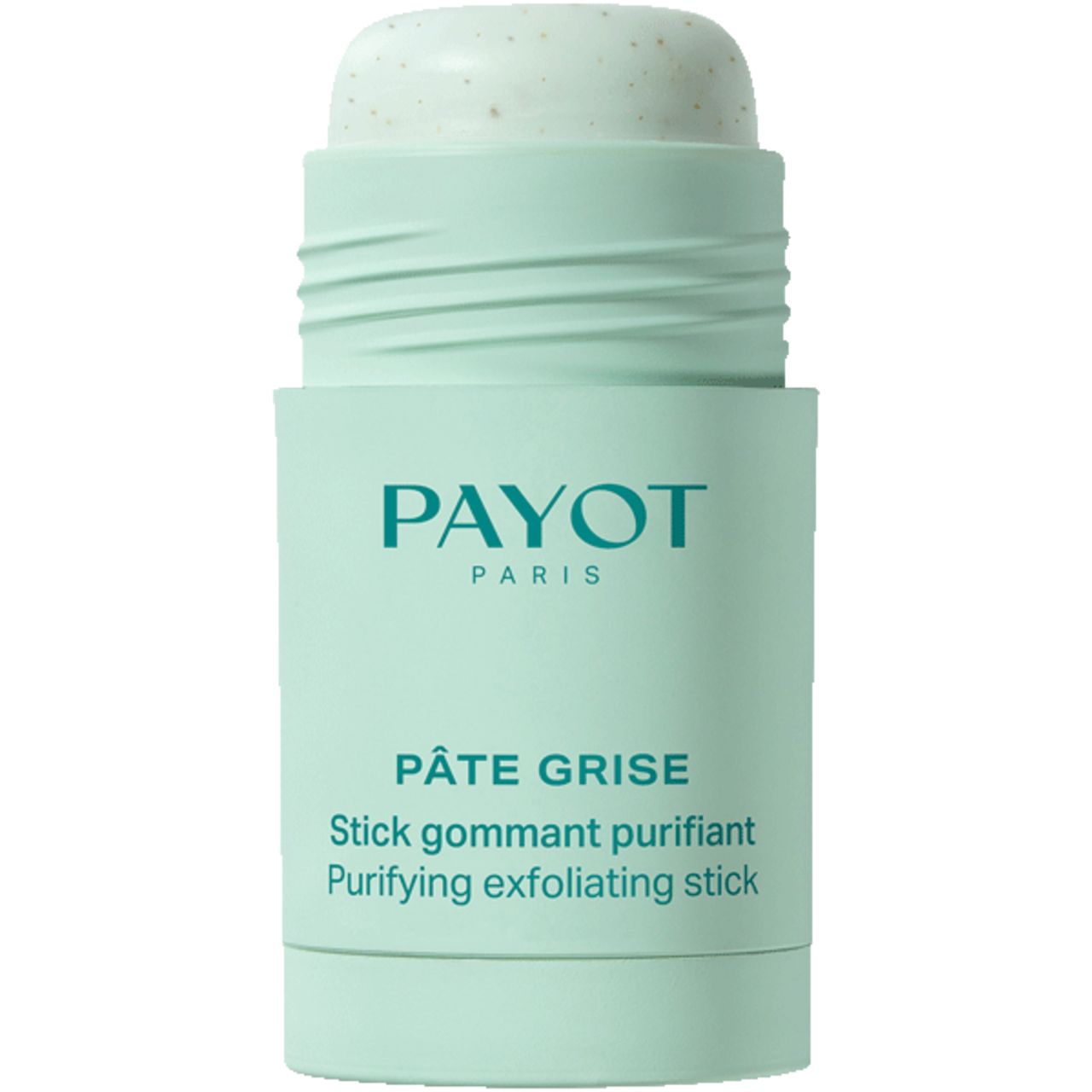 Open stick, lichtgroen en turquoise. Opschrift: PAYOT PARIS, PÂTE GRISE, Stick gommant purifiant, Purifying exfoliating stick. Zichtbare textuur.