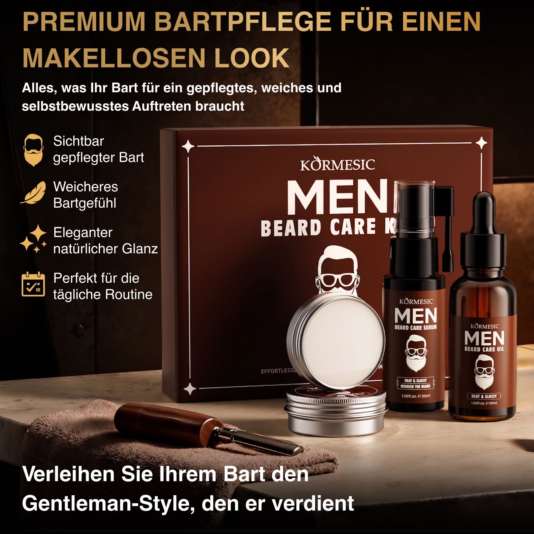 Coffret de soins pour barbe Körnesic Men avec huile, sérum et cire à barbe.