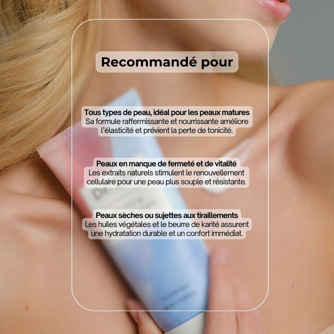 Tube de crème pour le corps devant un décolleté. Texte : Dr. SEA, Firming Body Cream, Grenade & Gingembre. Recommandé pour...