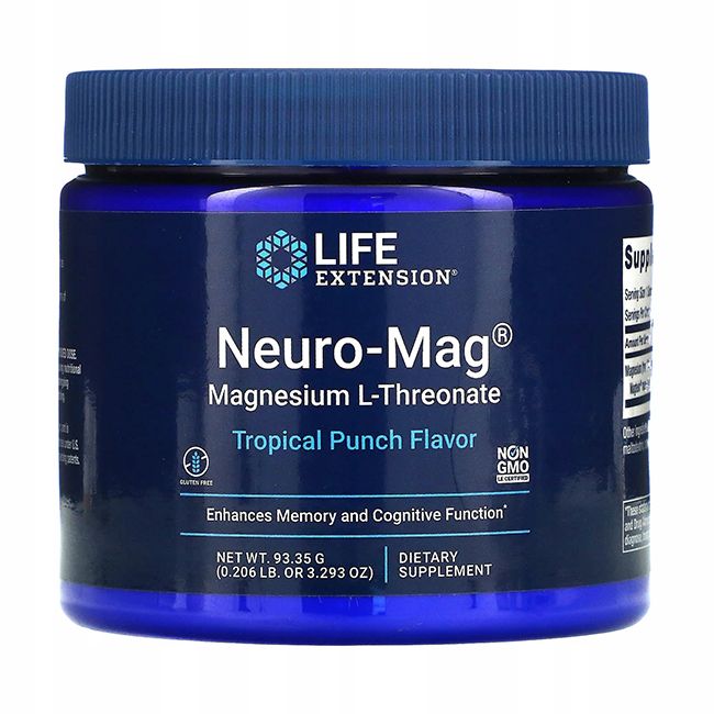 Blauwe container met Life Extension Neuro-Mag Magnesium L-Threonate, Tropical Punch smaak.