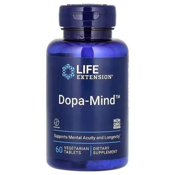 Bouteille bleu foncé avec Life Extension Dopa-Mind, 60 comprimés végétariens.