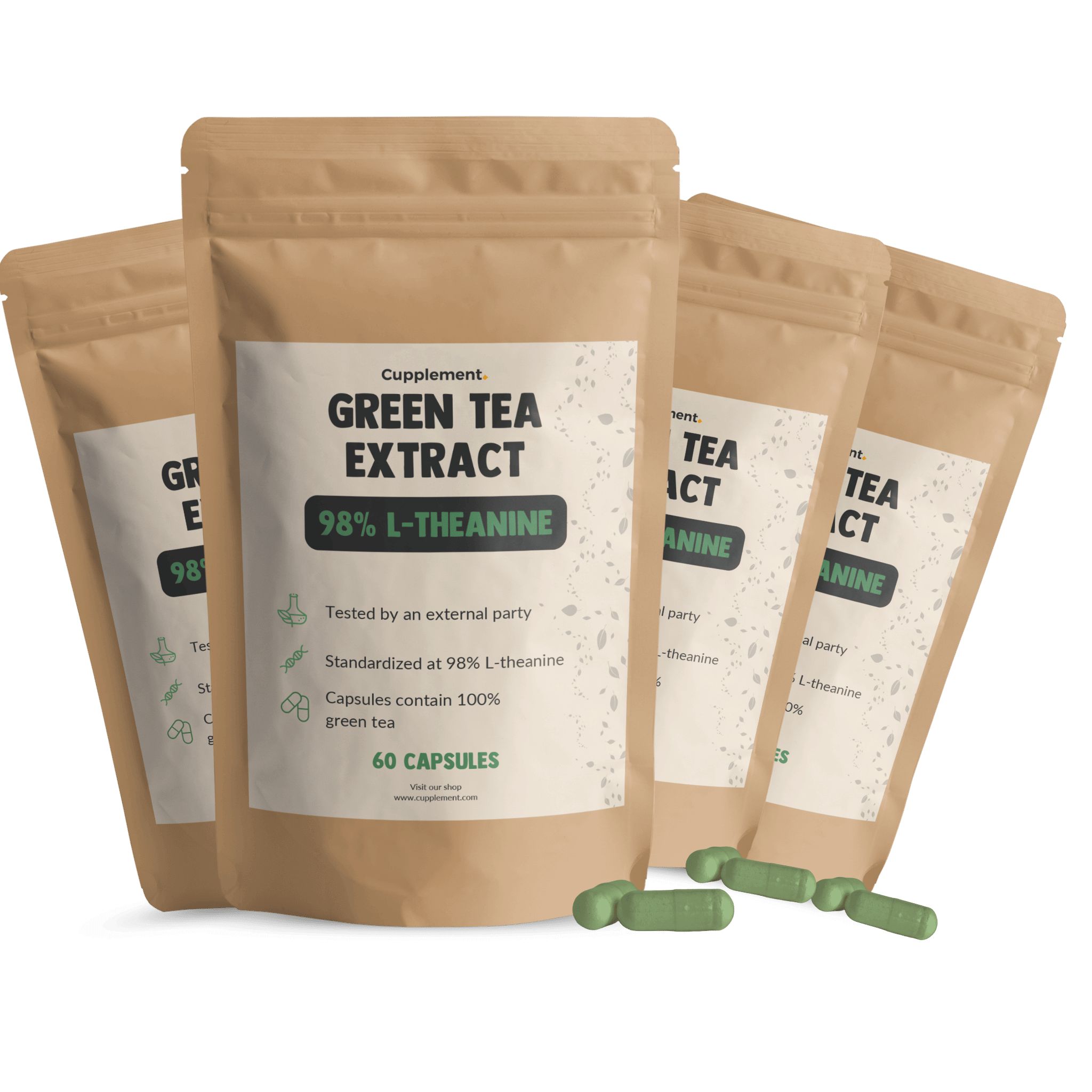 Meerdere zakjes met groene thee extract capsules. Opschrift: 98% L-Theanine, 60 capsules. Groene capsules ernaast.