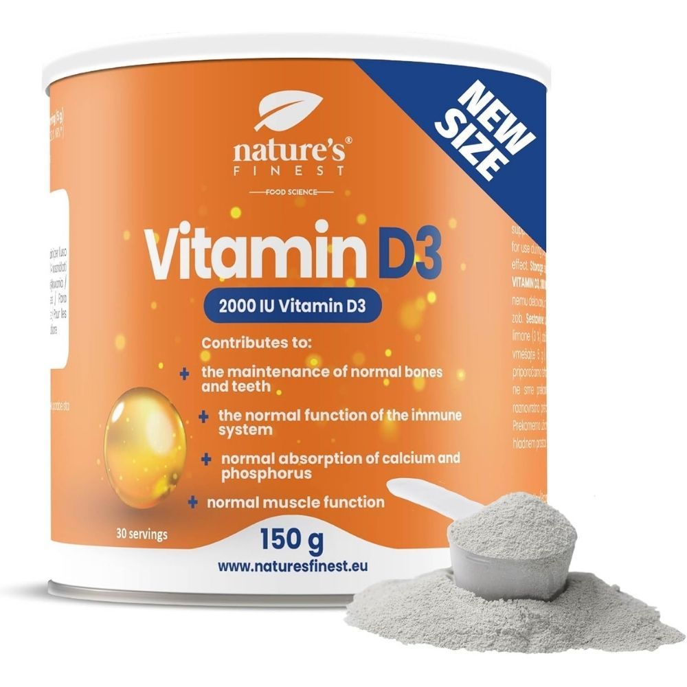 Boîte de poudre de Vitamine D3 Nature's Finest 150g avec cuillère et poudre. Autocollant "NEW SIZE".
