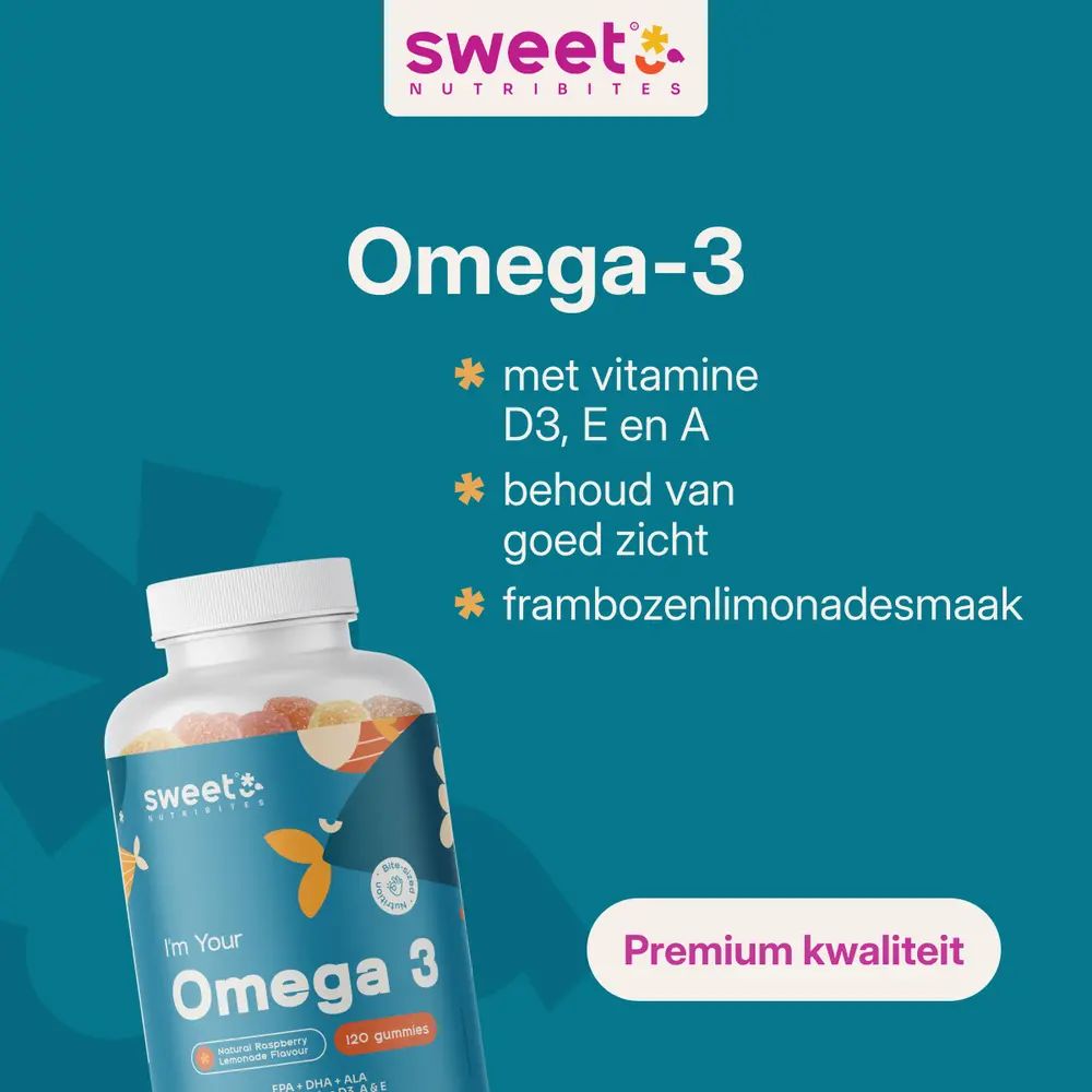 Fles Omega-3 gummies. Tekst: Omega-3, met vitamine D3, E en A, behoud van goed zicht, frambozenlimonadesmaak.