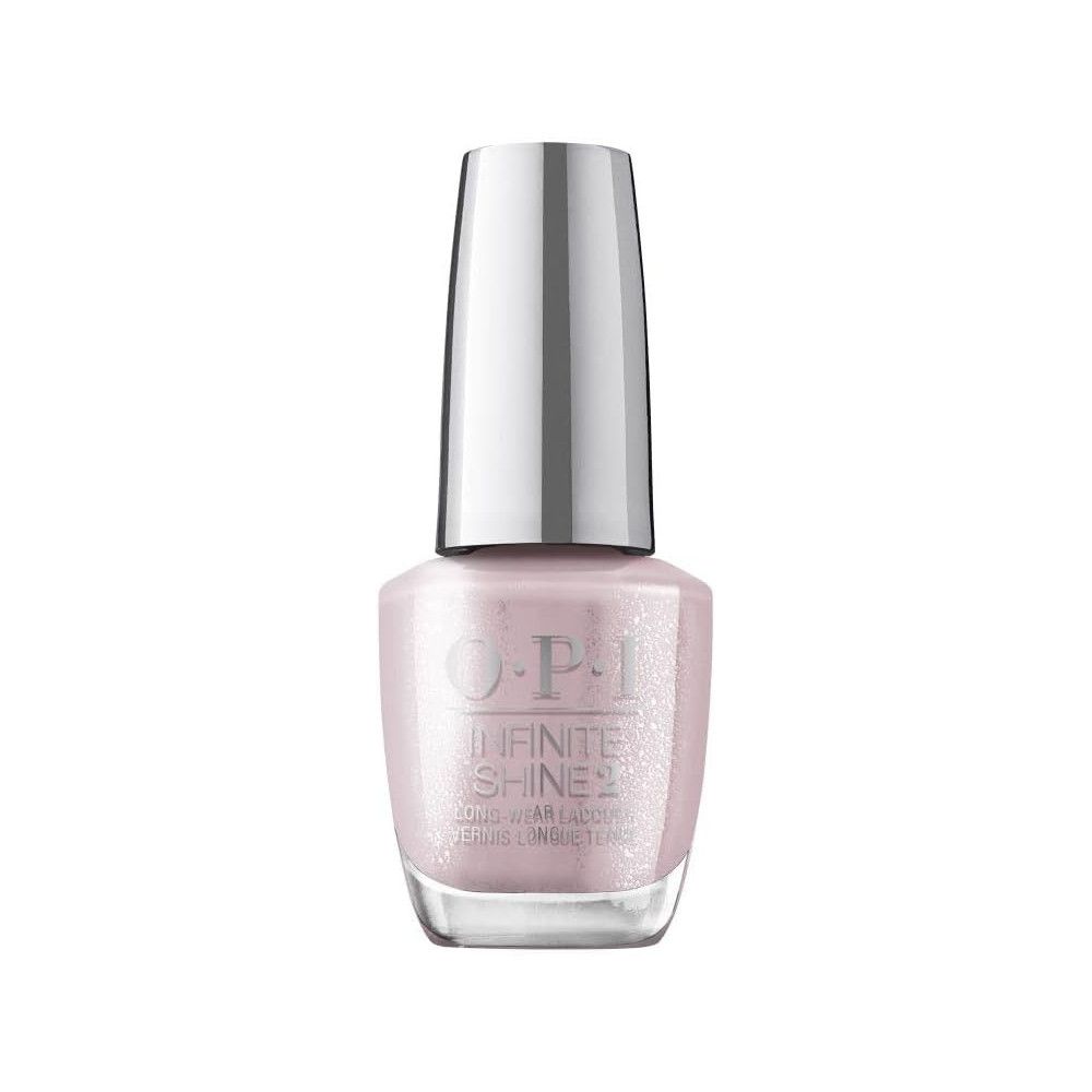 Flacon de vernis à ongles avec bouchon argenté. Vernis rose pailleté. Inscription: O.P.I Infinite Shine.