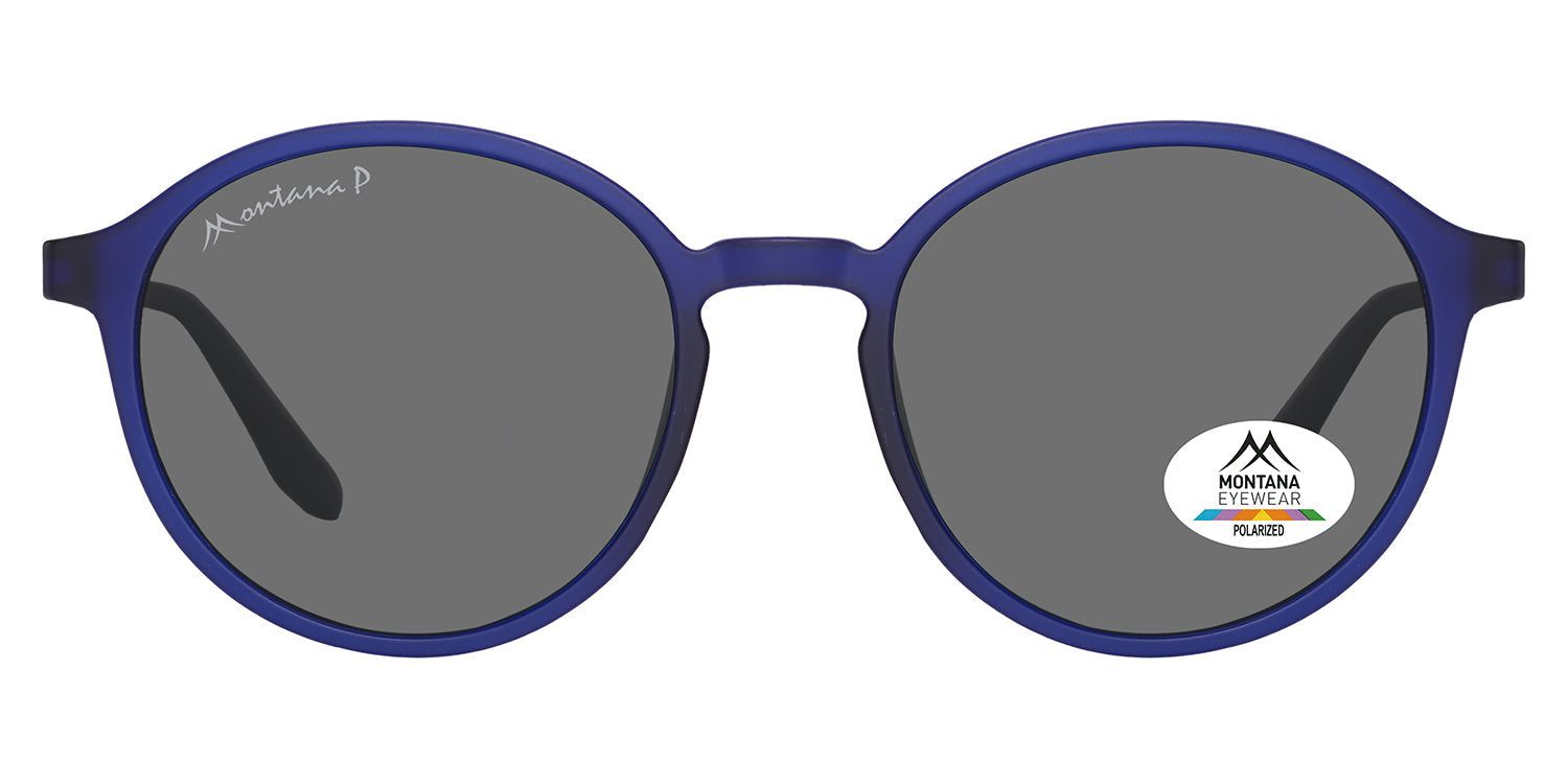 Lunettes de soleil bleues avec verres ronds. Un autocollant sur le verre droit affiche le logo et l'inscription 'Polarized'.