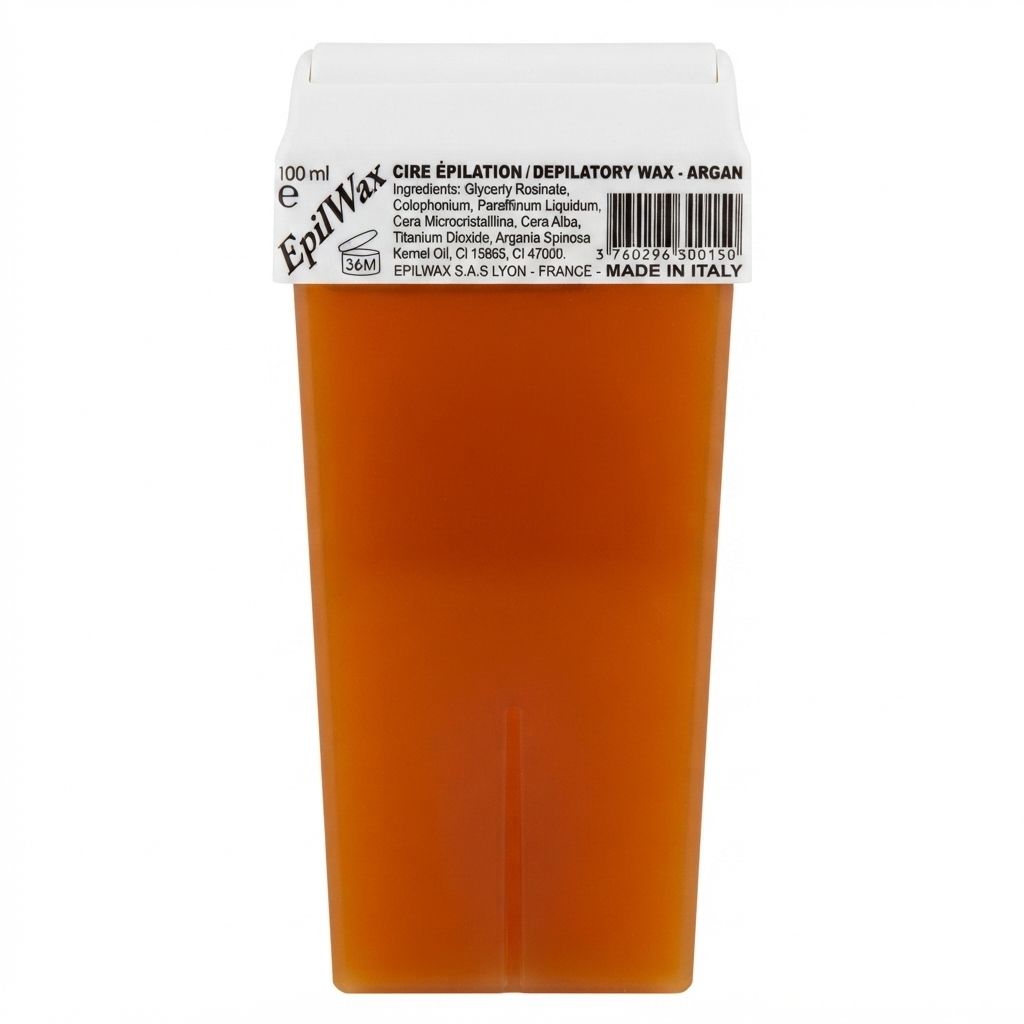 Oranje depilatoire wax cartridge, 100 ml, met "EpiWax" en "Argan" opdruk.