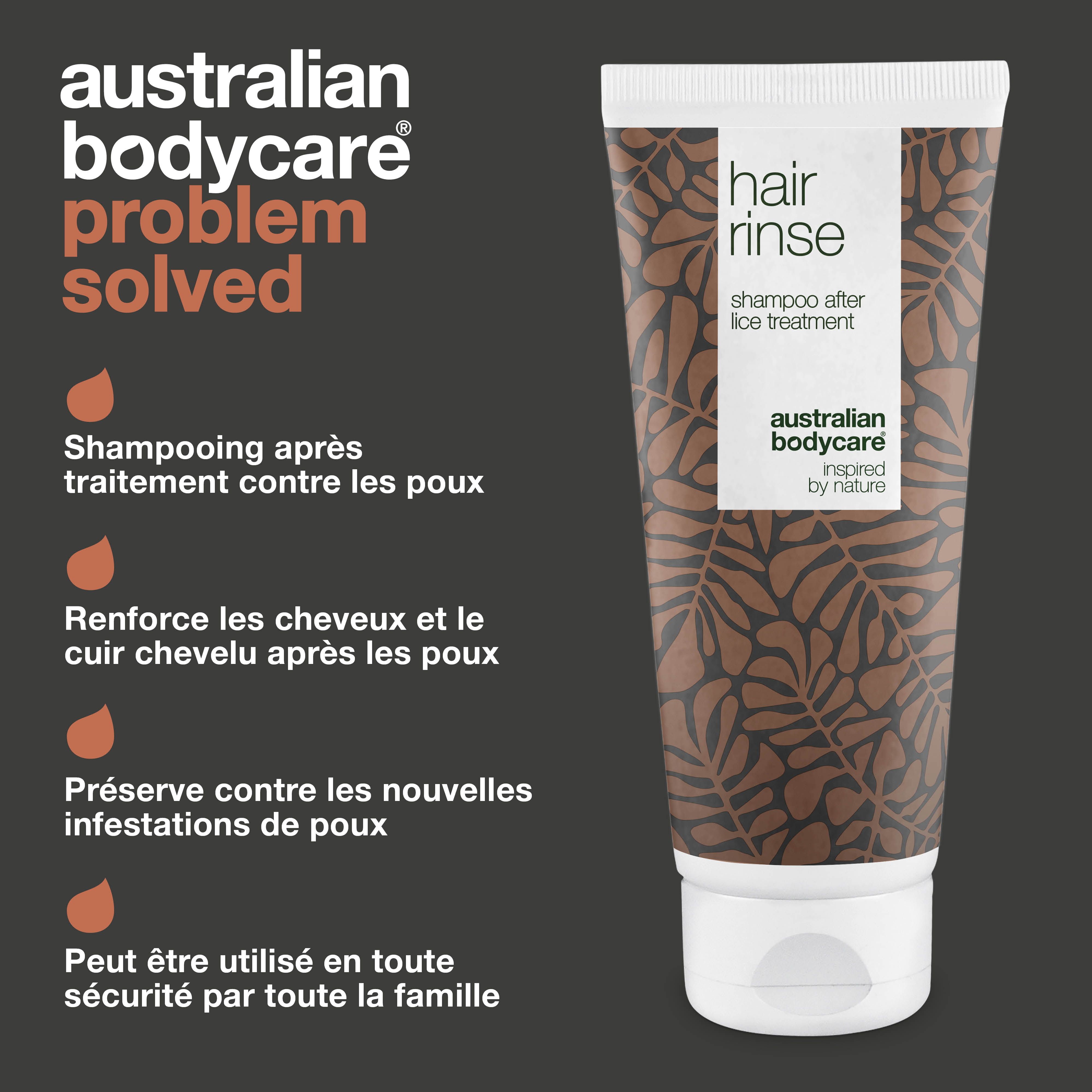 Tube de shampooing. Texte: Hair Rinse, Australian Bodycare. Problem solved. Texte: Shampooing après traitement contre les poux.