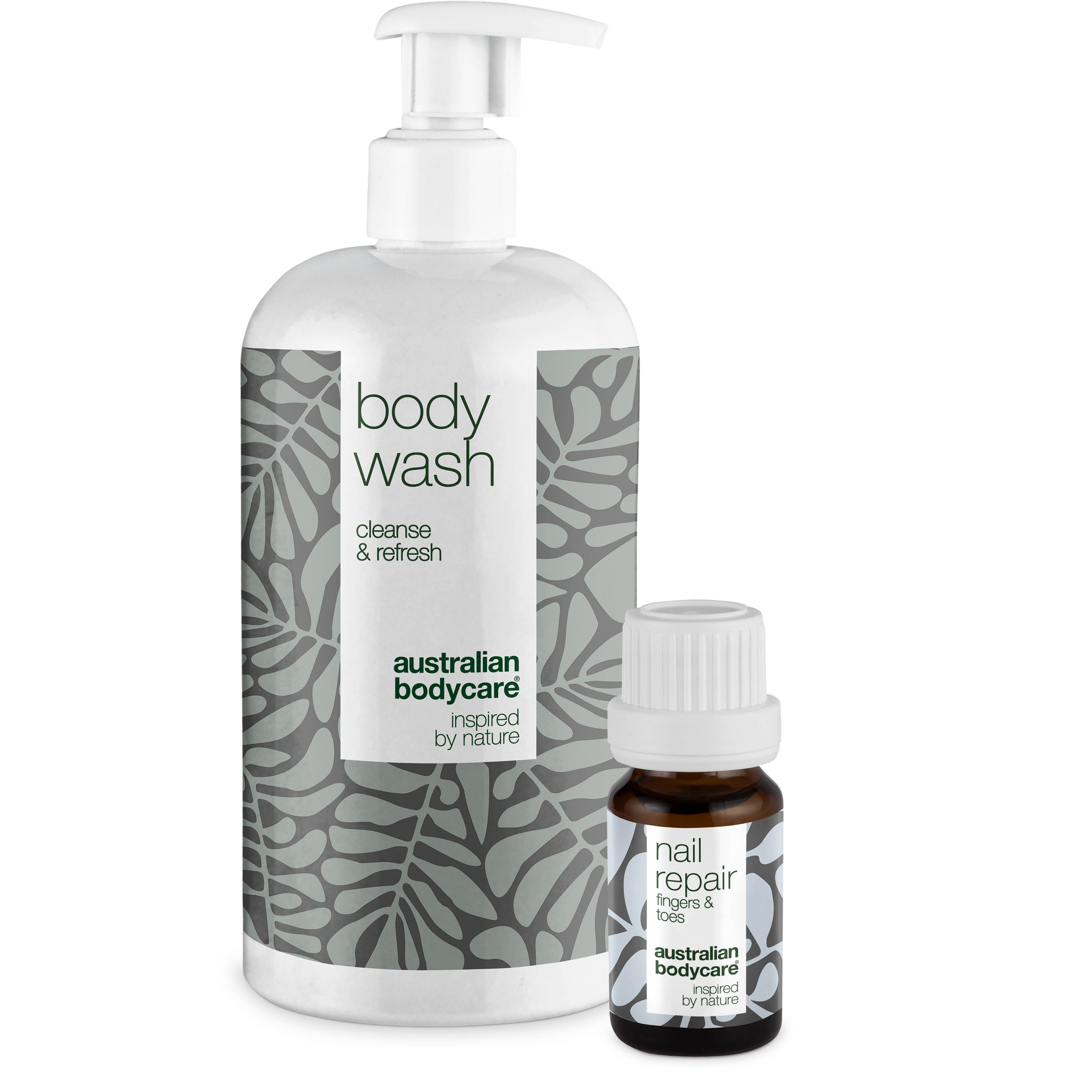 Gel douche et huile pour les ongles. Flacon blanc, flacon marron. Inscription : Australian Bodycare, soin des ongles.