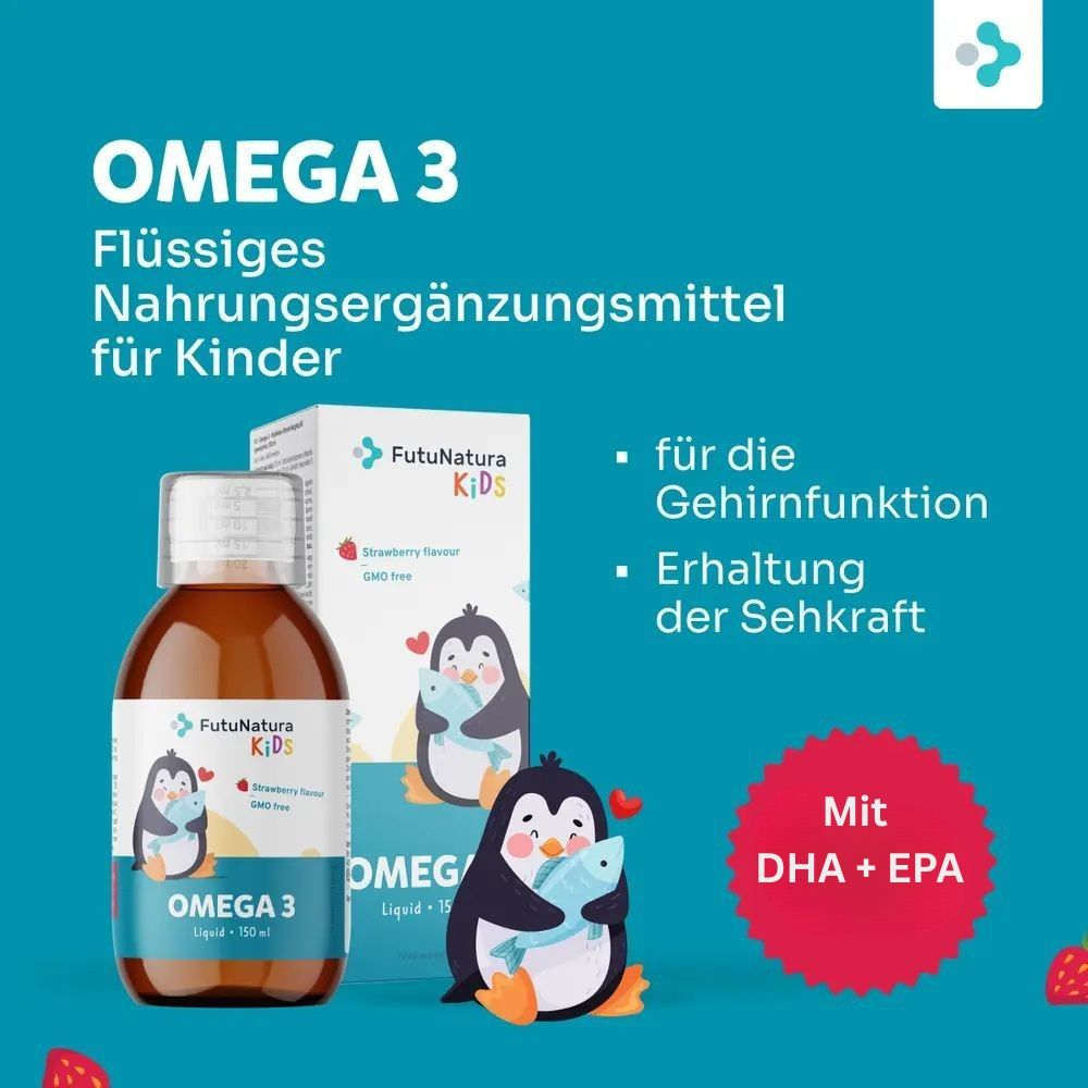 Image du produit avec bouteille et emballage. Texte : Oméga 3, complément alimentaire liquide pour enfants. Avec DHA + EPA. Illustration de pingouin.
