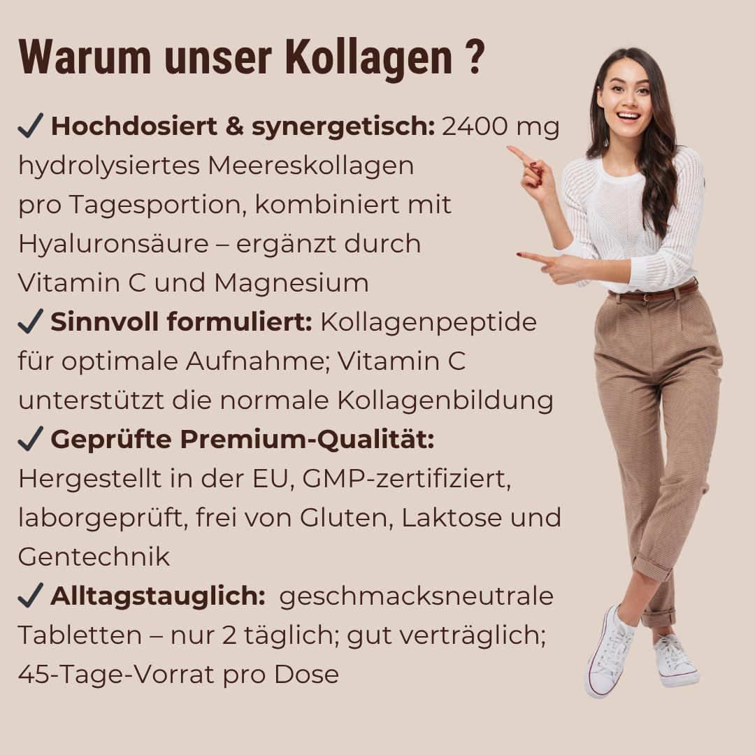 Femme pointant du doigt du texte. Texte: 2400 mg collagène marin hydrolysé, vitamine C et magnésium.