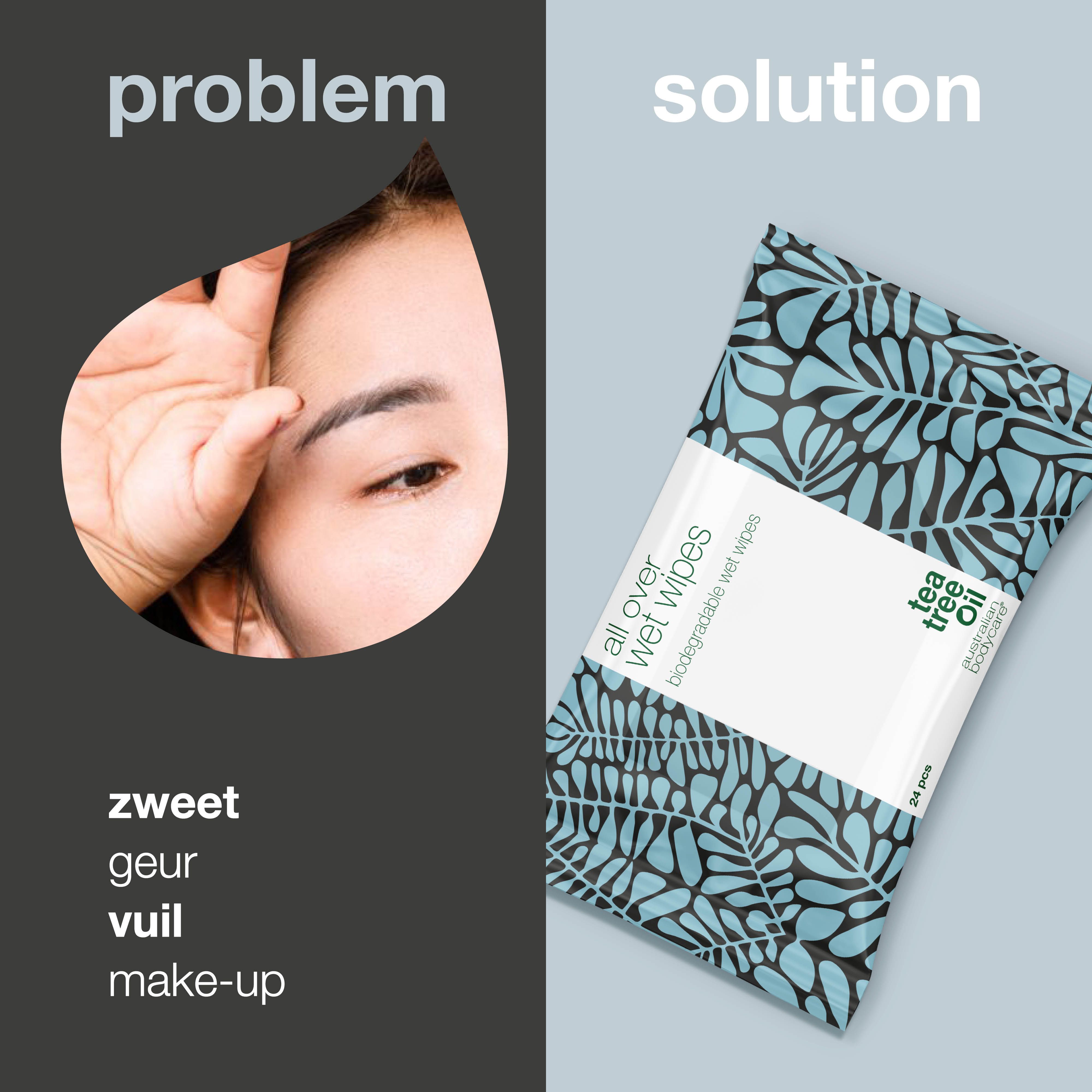 Gezicht van een vrouw en pakje vochtige doekjes. Tekst: "Probleem" en "Oplossing". Opschrift: "all over wet wipes".