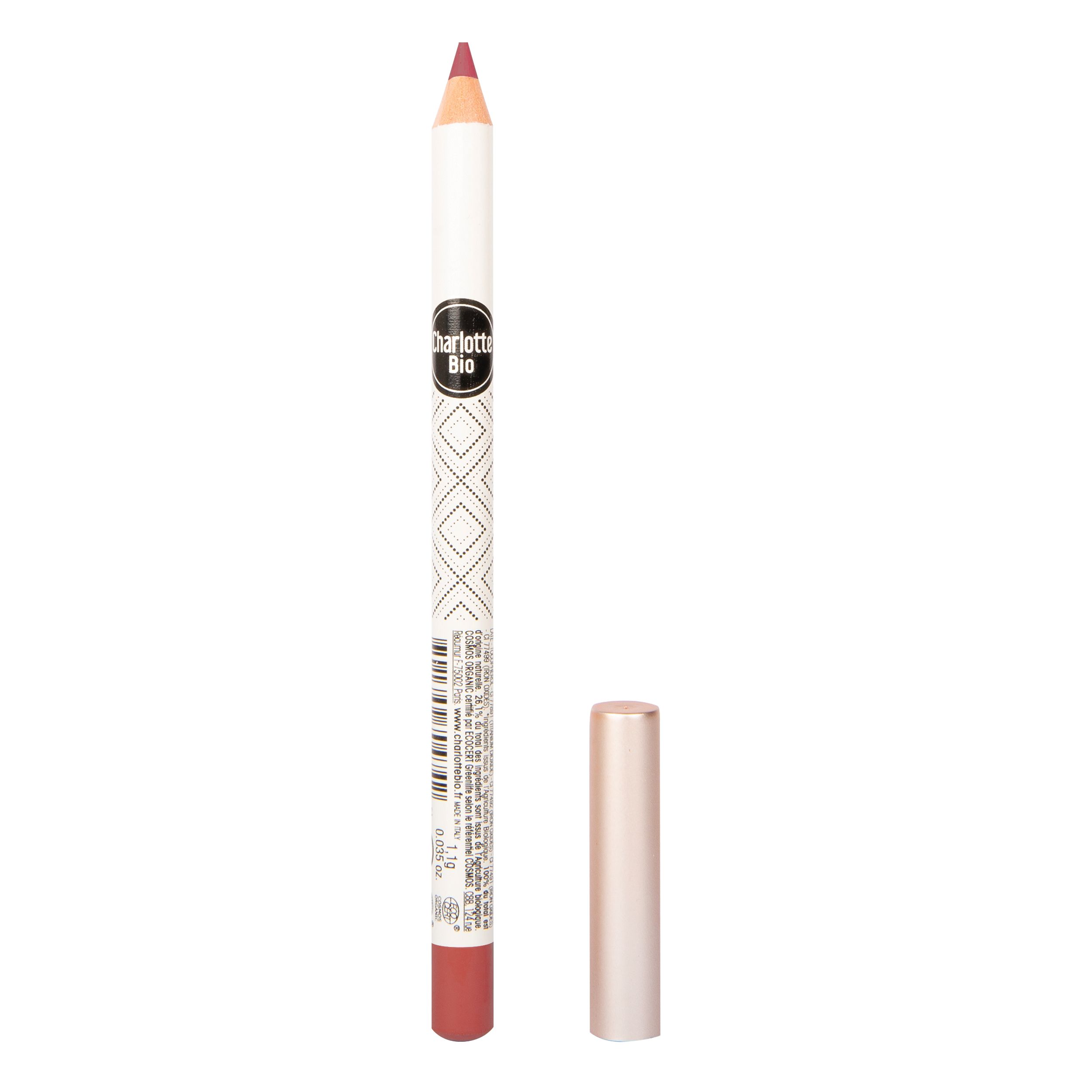 Lipliner met dop. Witte potlood met patroon en opdruk "Charlotte Bio". Rode stift en dop.