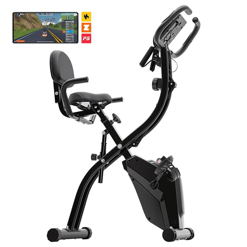 Vélo d'appartement noir avec écran, siège et poignées. Smartphone avec application d'entraînement. Logos Z, F5.