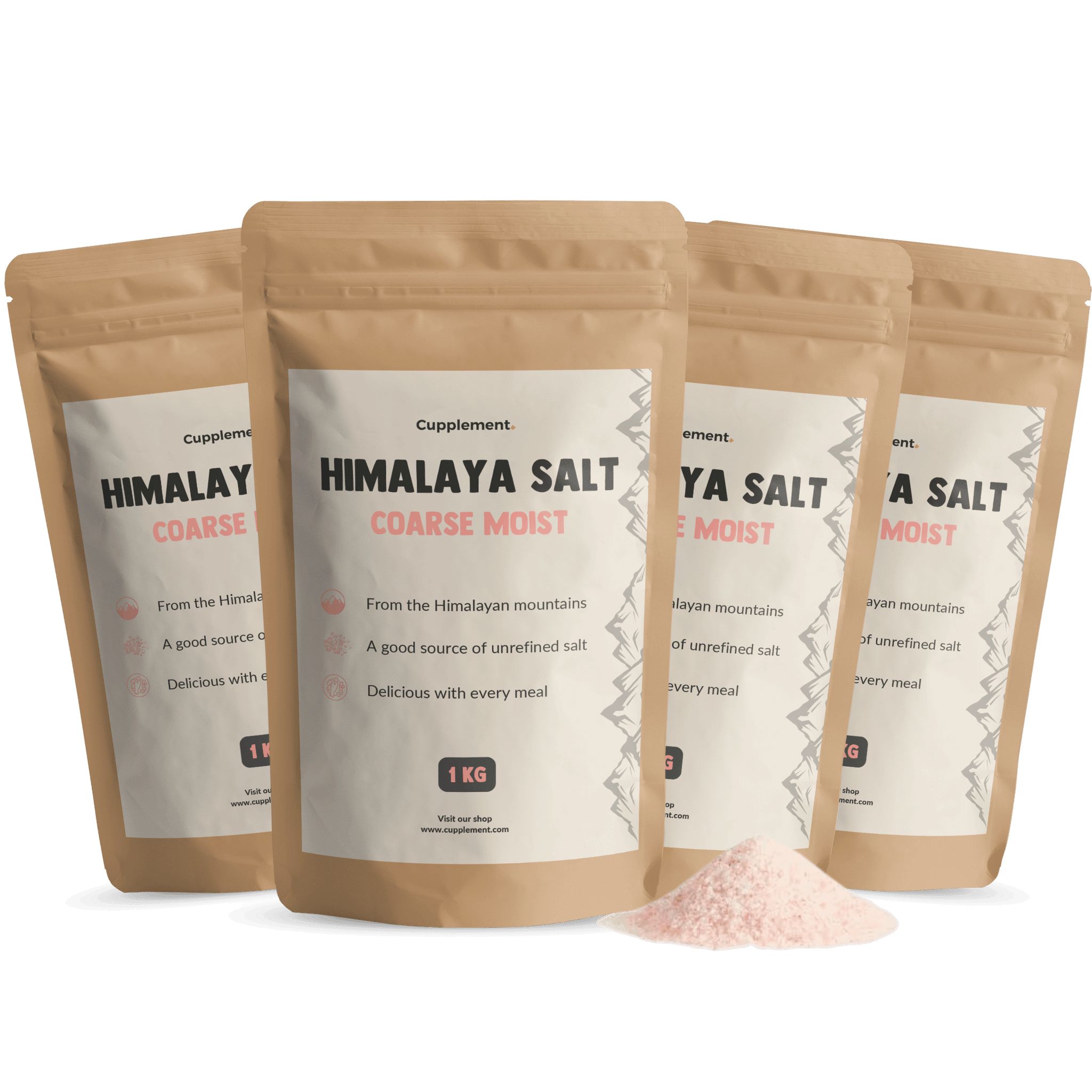 Quatre sachets de sel Cupplement® Himalaya, grossier, humide. Sel rose à côté. 1 kg.