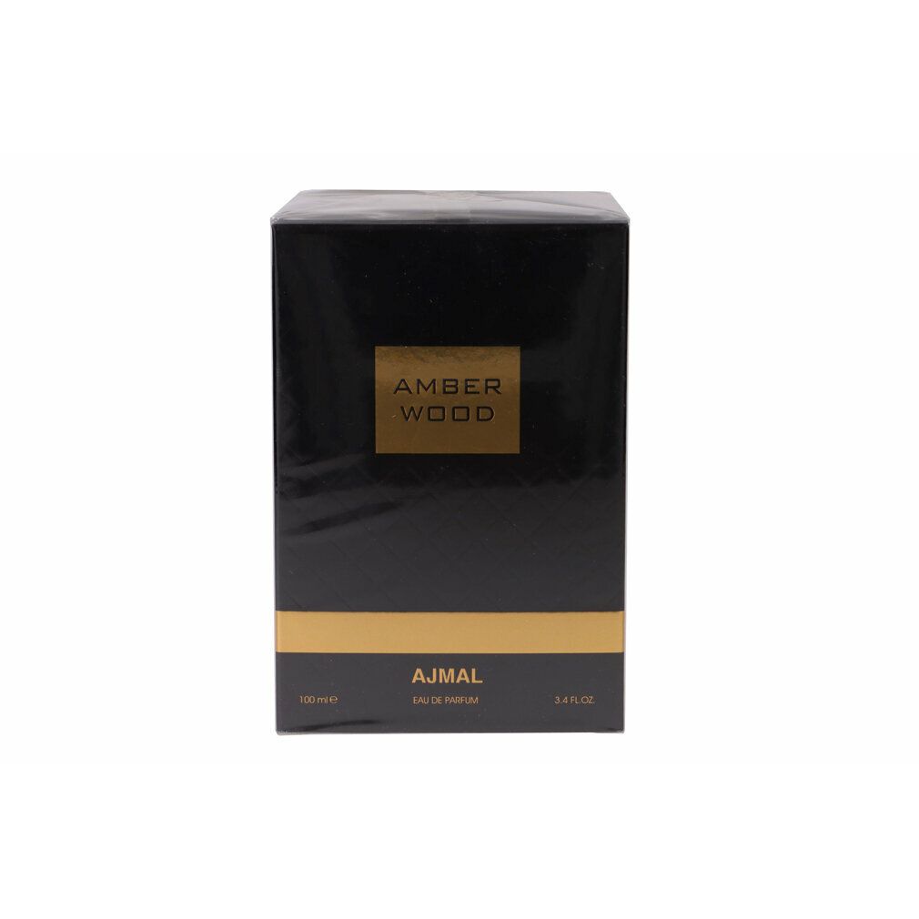 Boîte noire avec texte doré AMBER WOOD et AJMAL. Inscription: Eau de Parfum.