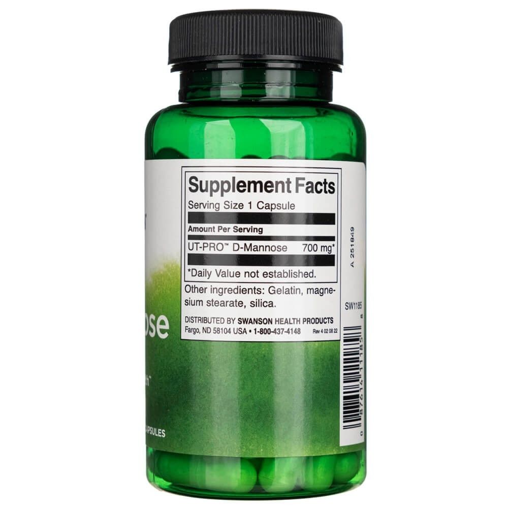Arrière de la bouteille Swanson D-Mannose 700 mg avec informations nutritionnelles et ingrédients.